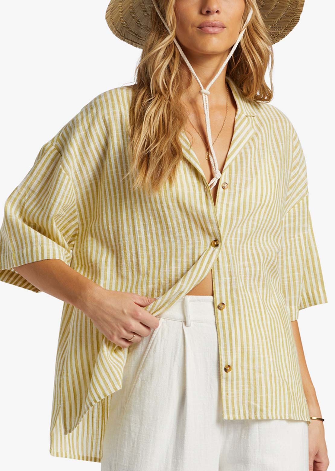 Billabong Women&#39;s Beach Side Cotton Button Up Shirt Moss Joy