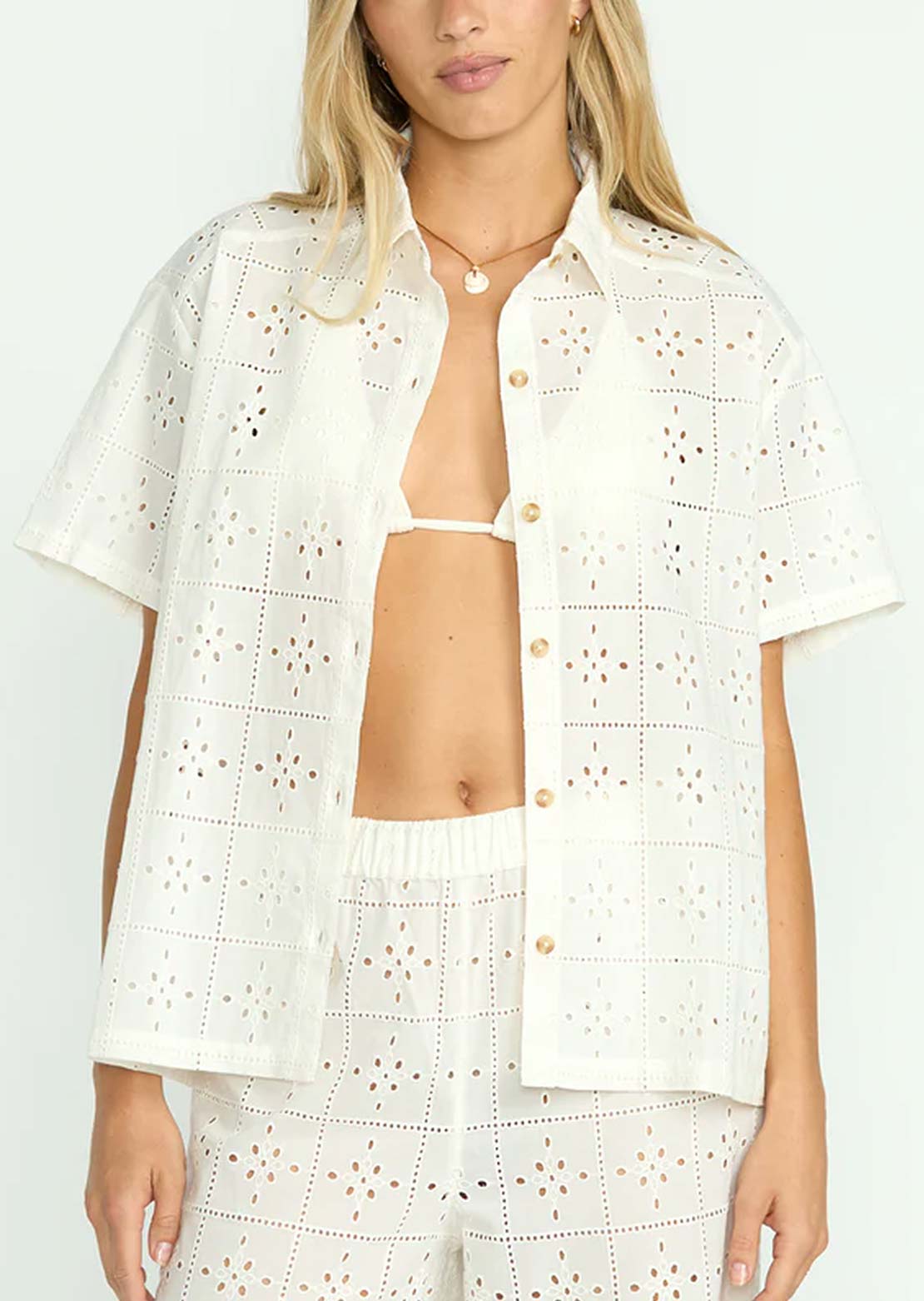 Billabong Women's Eyelet Crush Woven Cover Up Top Stencil Wash