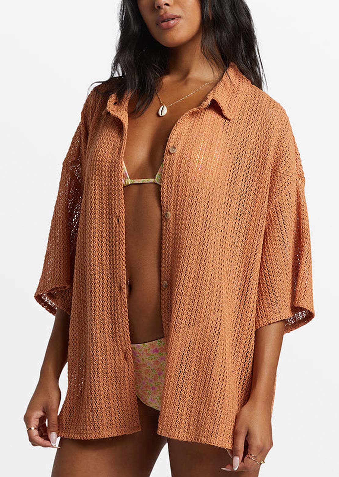 Billabong Women&#39;s Largo Overshirt Button Up Shirt Toffee