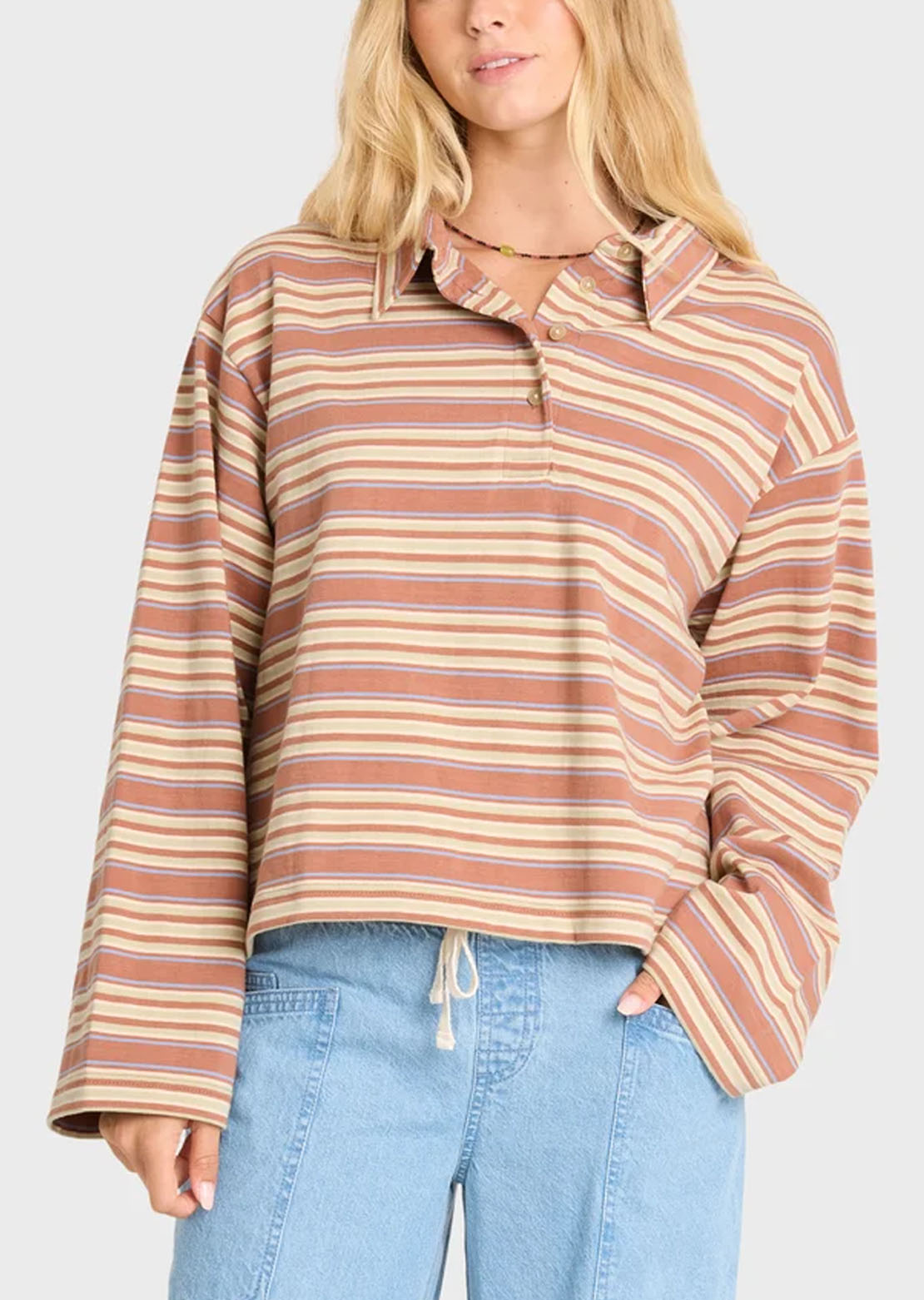 Billabong Women's Sugar Stripe Long Sleeve Polo Sugar Almond