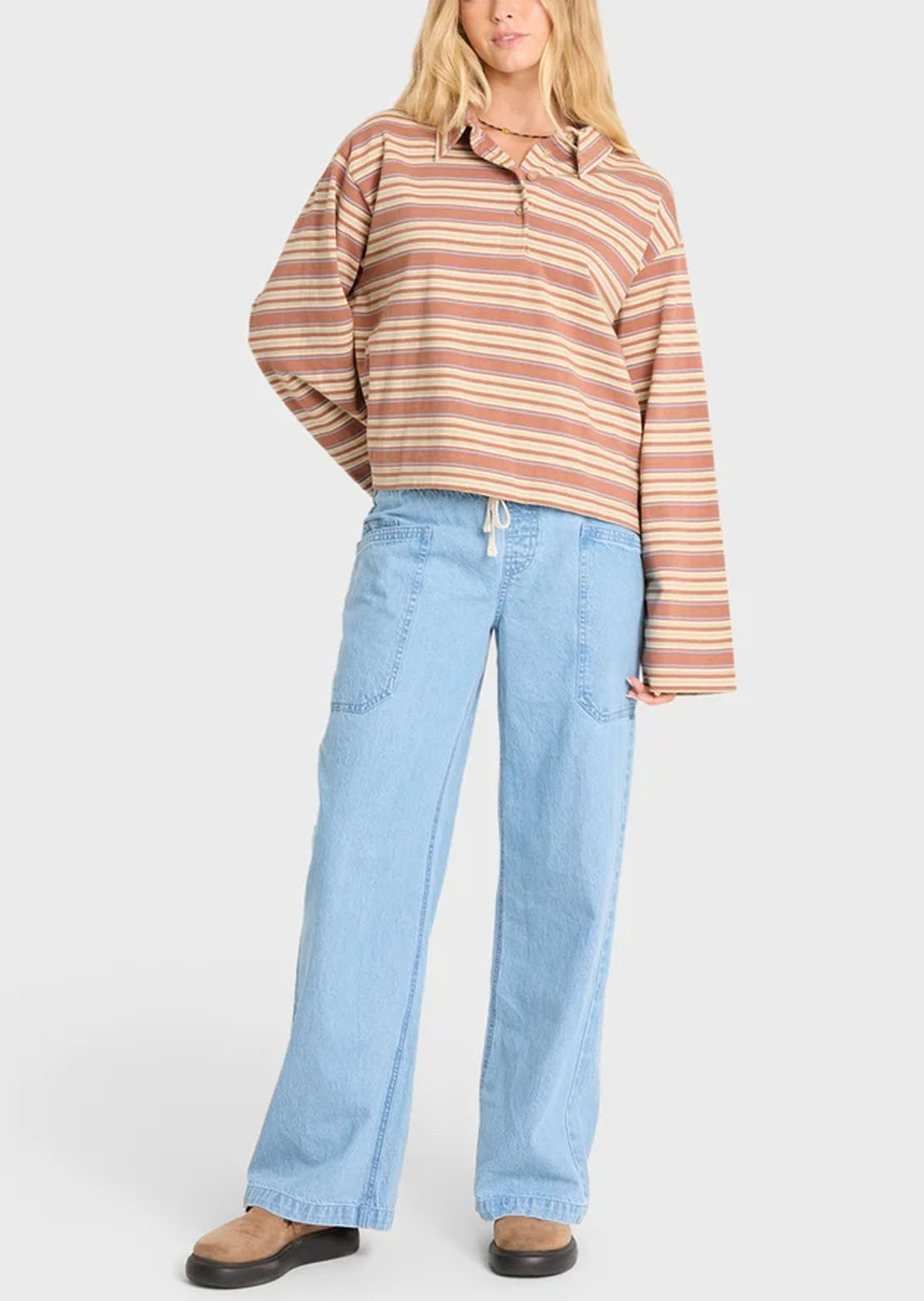Billabong Women's Sugar Stripe Long Sleeve Polo Sugar Almond