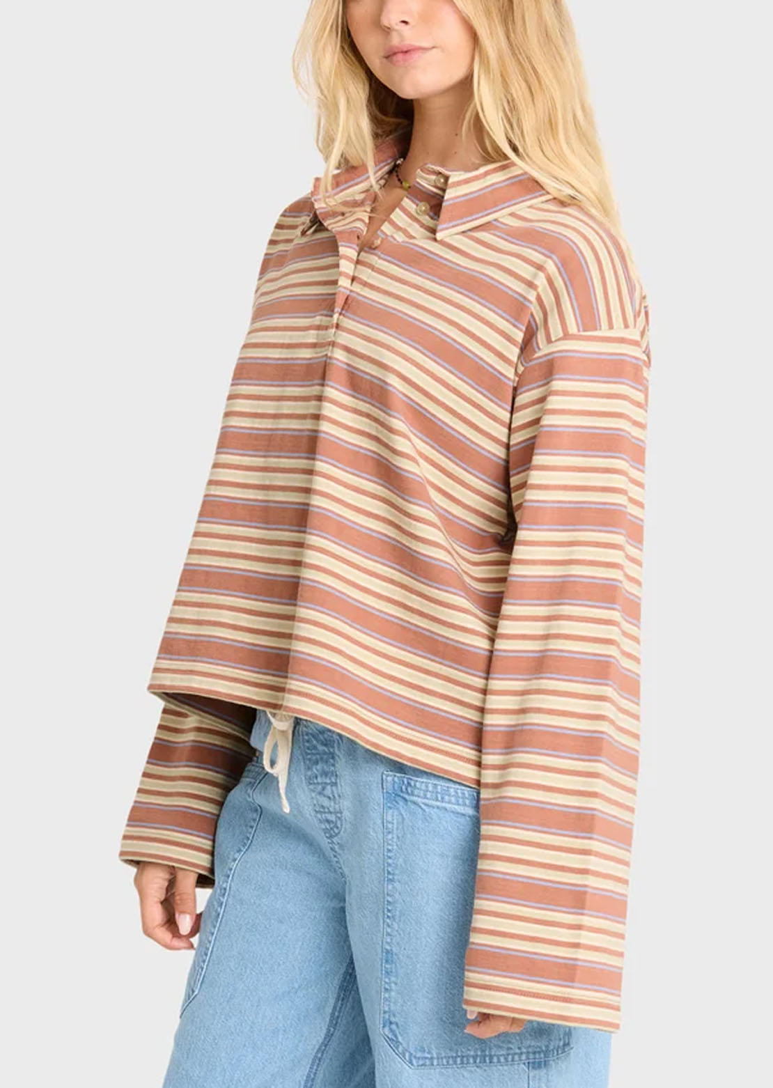 Billabong Women's Sugar Stripe Long Sleeve Polo Sugar Almond