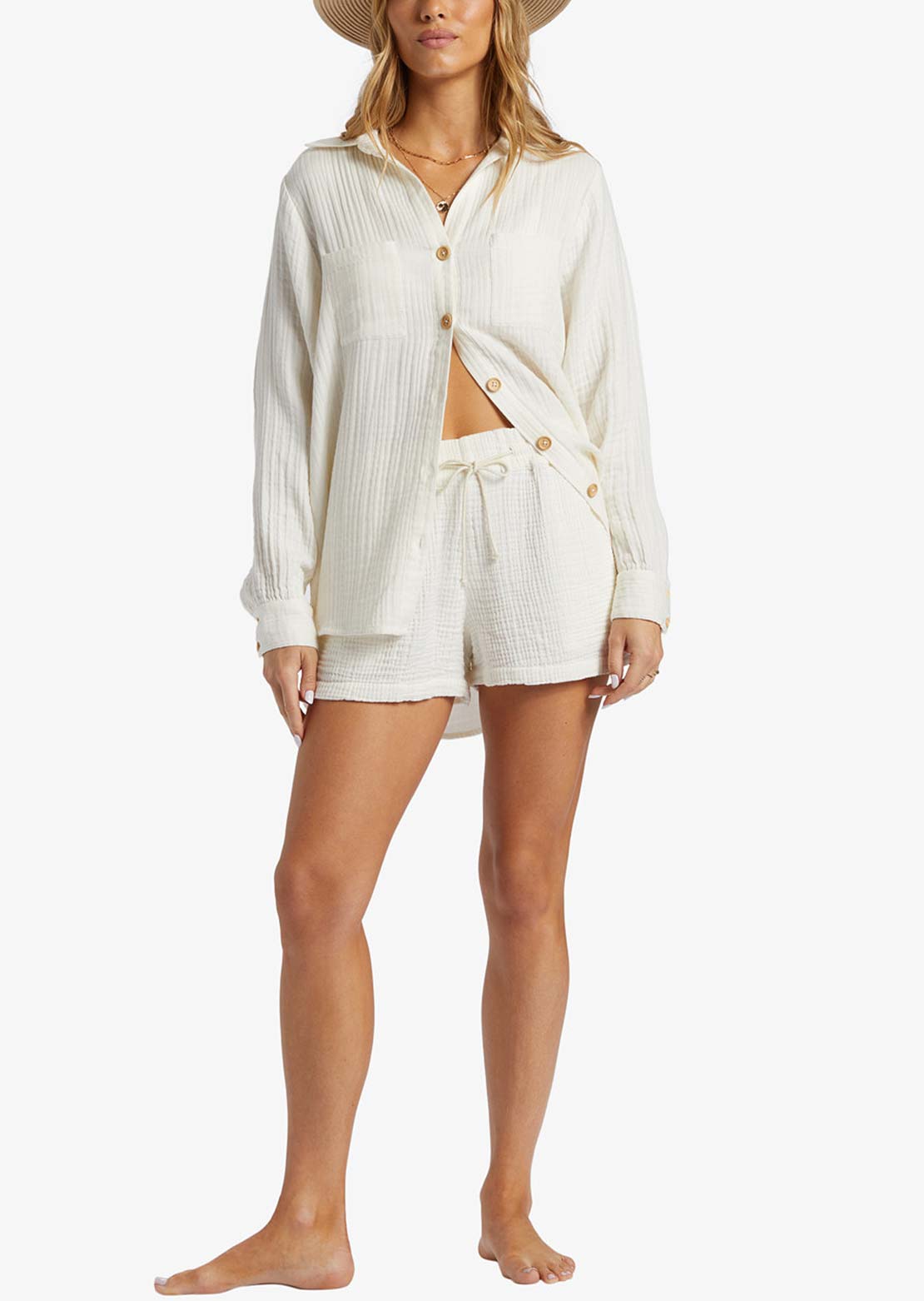 Billabong Women&#39;s Swell Blouse Button Up Shirt Salt Crystal