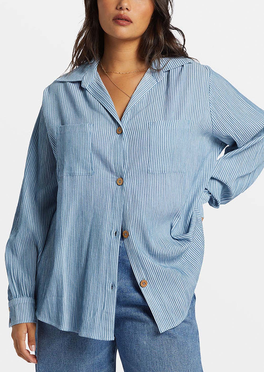 Billabong Women's Swell Blouse Button Up Shirt Blue Shadow