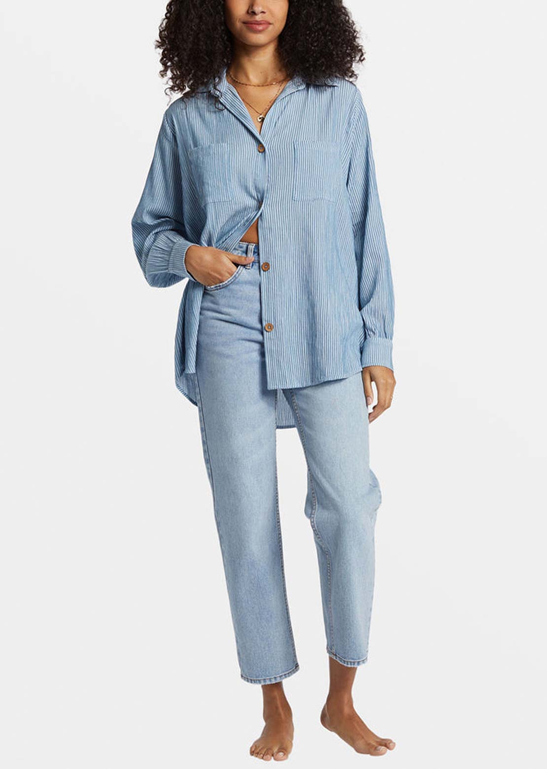 Billabong Women's Swell Blouse Button Up Shirt Blue Shadow