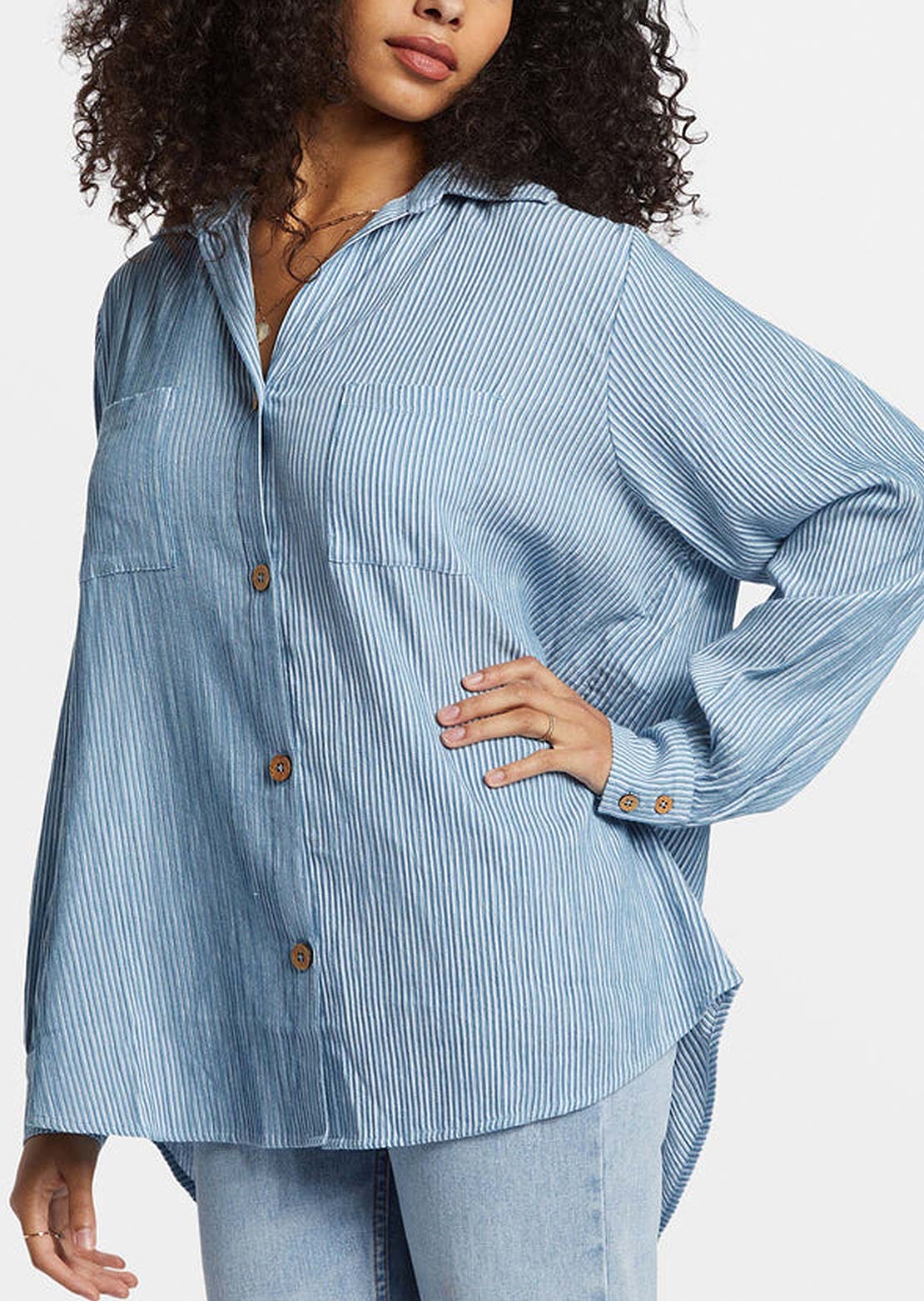 Billabong Women's Swell Blouse Button Up Shirt Blue Shadow