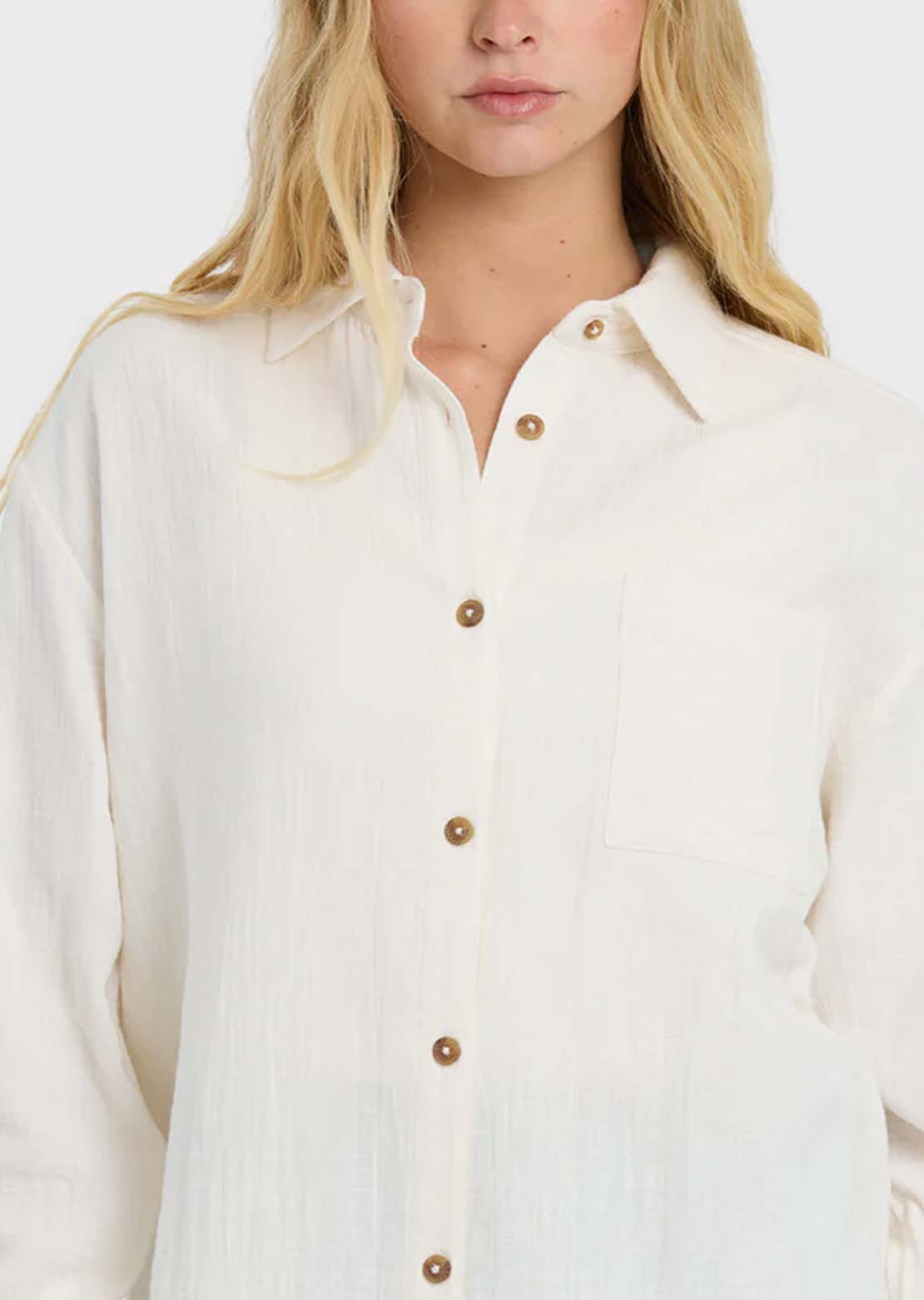 Billabong Women's Wanderer Solid Woven Button Up Shirt Salt Crystal