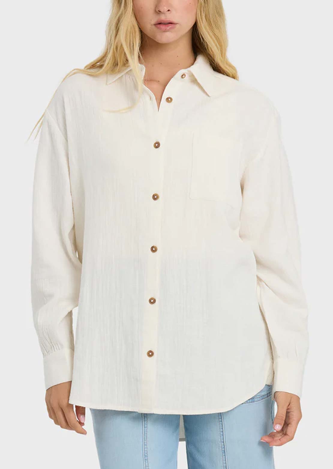 Billabong Women's Wanderer Solid Woven Button Up Shirt Salt Crystal