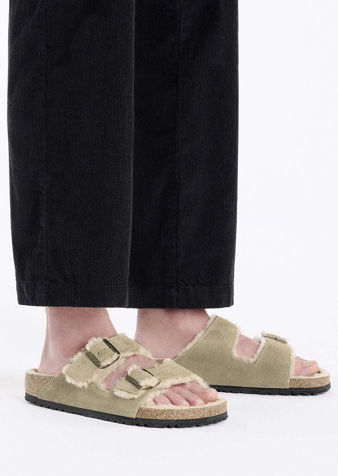 Birkenstock Women's Arizona Shearling Suede/Shearling Narrow Sandals Taupe