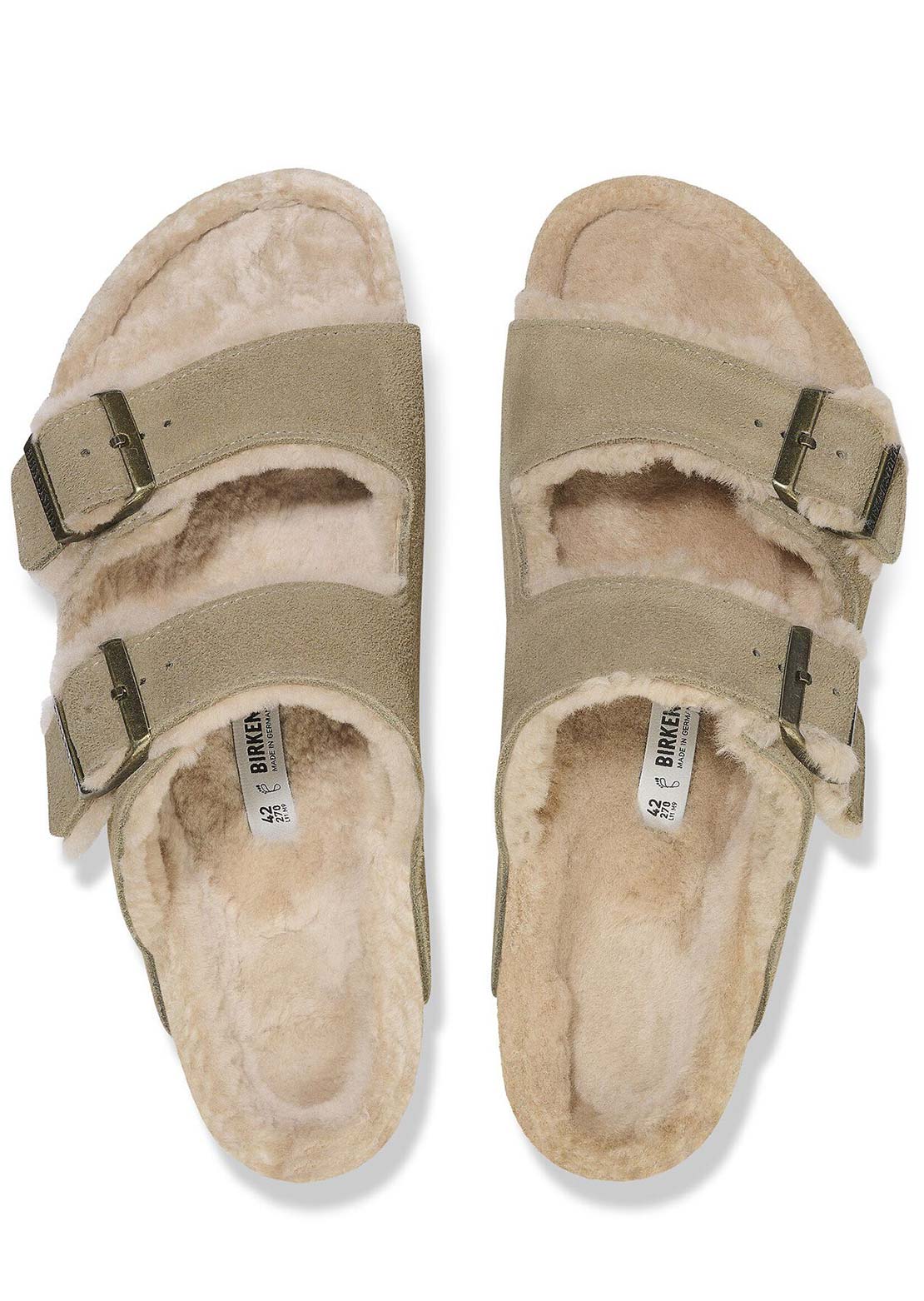 Birkenstock Women's Arizona Shearling Suede/Shearling Narrow Sandals Taupe