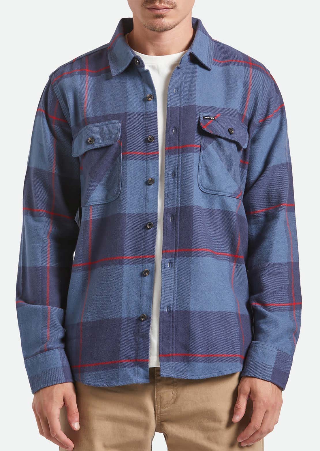 Brixton Men's Bowery Flannel Button Up Shirt Bering Sea/Mood Indigo/Adrenal