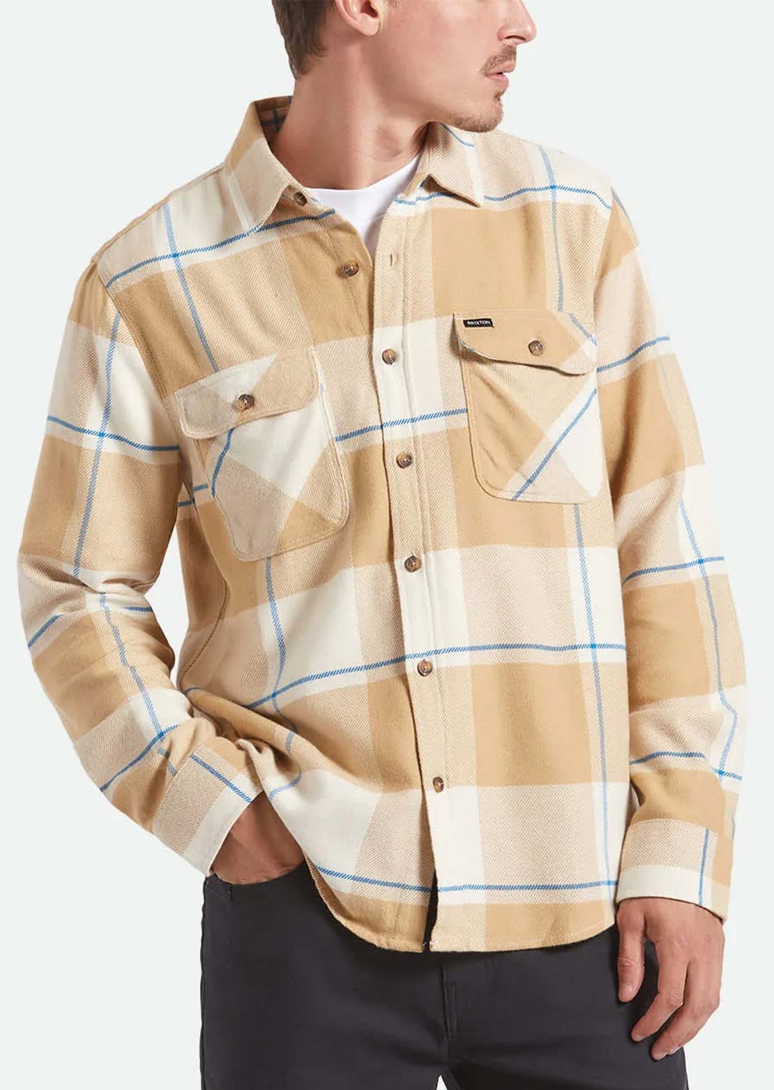 Brixton Men's Bowery Flannel Button Up Shirt Whitecap/Sand/Cyber Blue