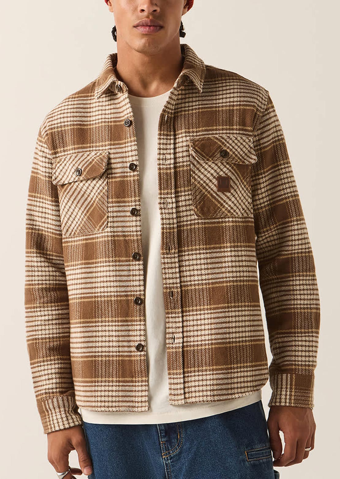 Brixton Men's Bowery Heavy Weight Flannel Button Up Shirt Pinecone Brown/Whitecap