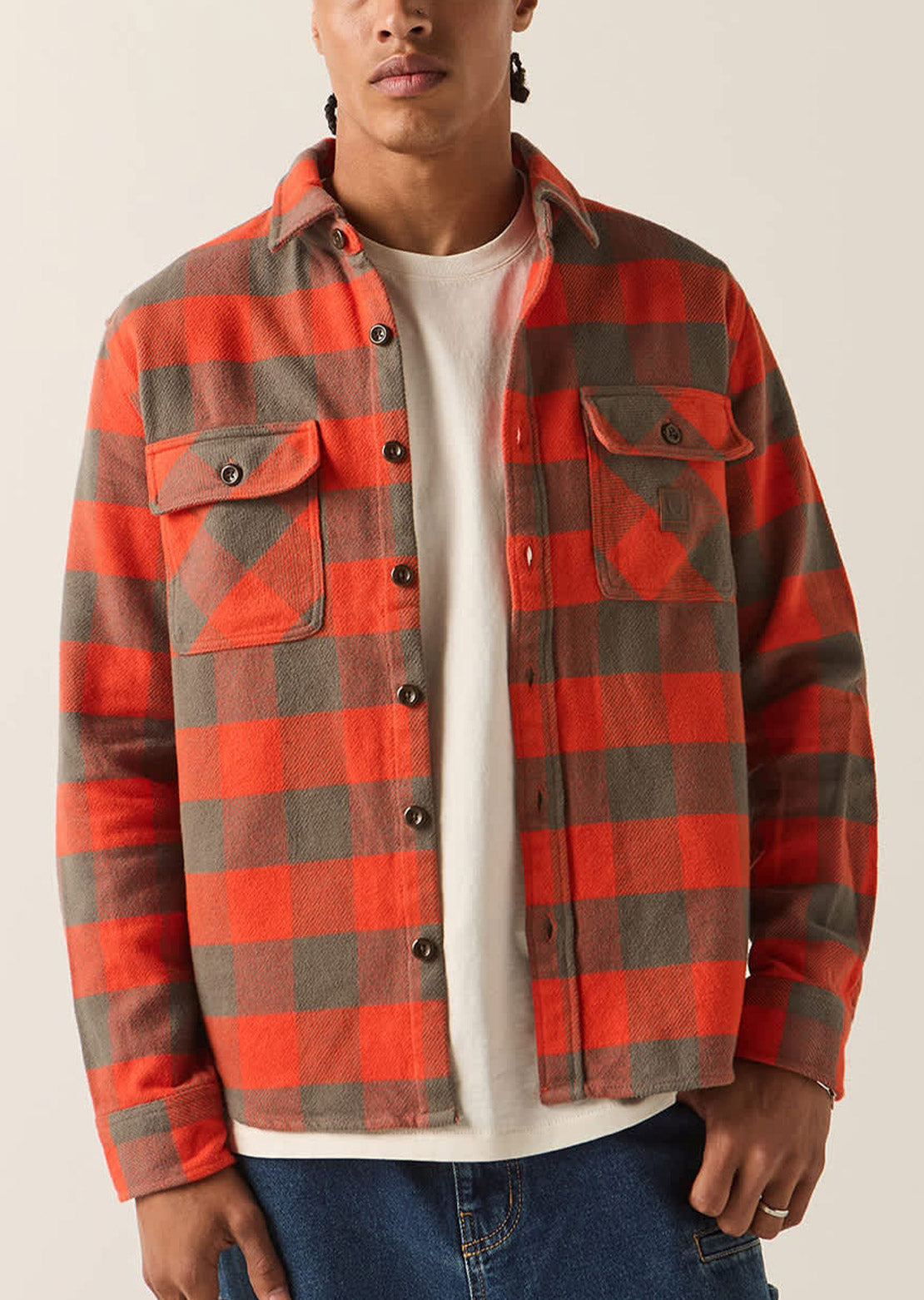 Brixton Men's Bowery Heavy Weight Flannel Button Up Shirt Washed Red/Grey