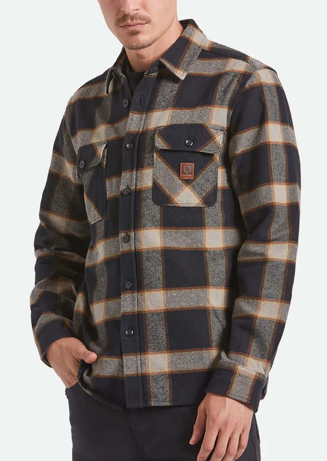 Brixton Men's Bowery Heavy Weight Long Sleeve Flannel Button Up Shirt Black Cream