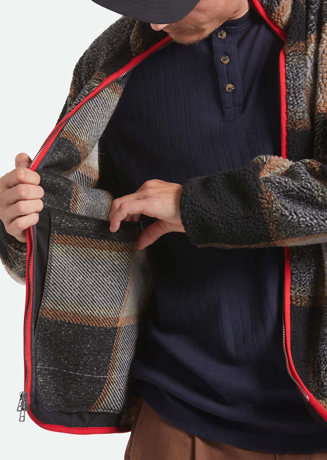 Brixton Men's Buffalo Plaid Sherpa Full Zip Jacket Black/Cream