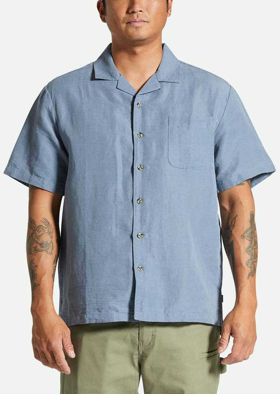 Brixton Men's Bunker Linen Blend Button Up Shirt Flint Stone Blue
