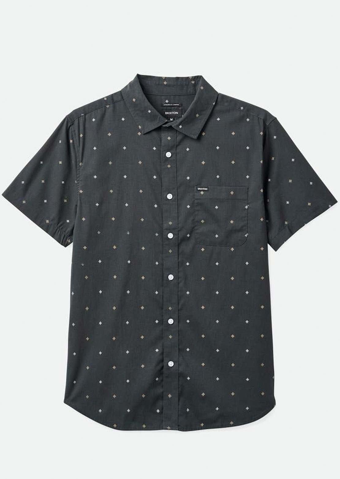 Brixton Men&#39;s Charter Print Short Sleeve Woven Button Up Shirt Washed Black Pyramid