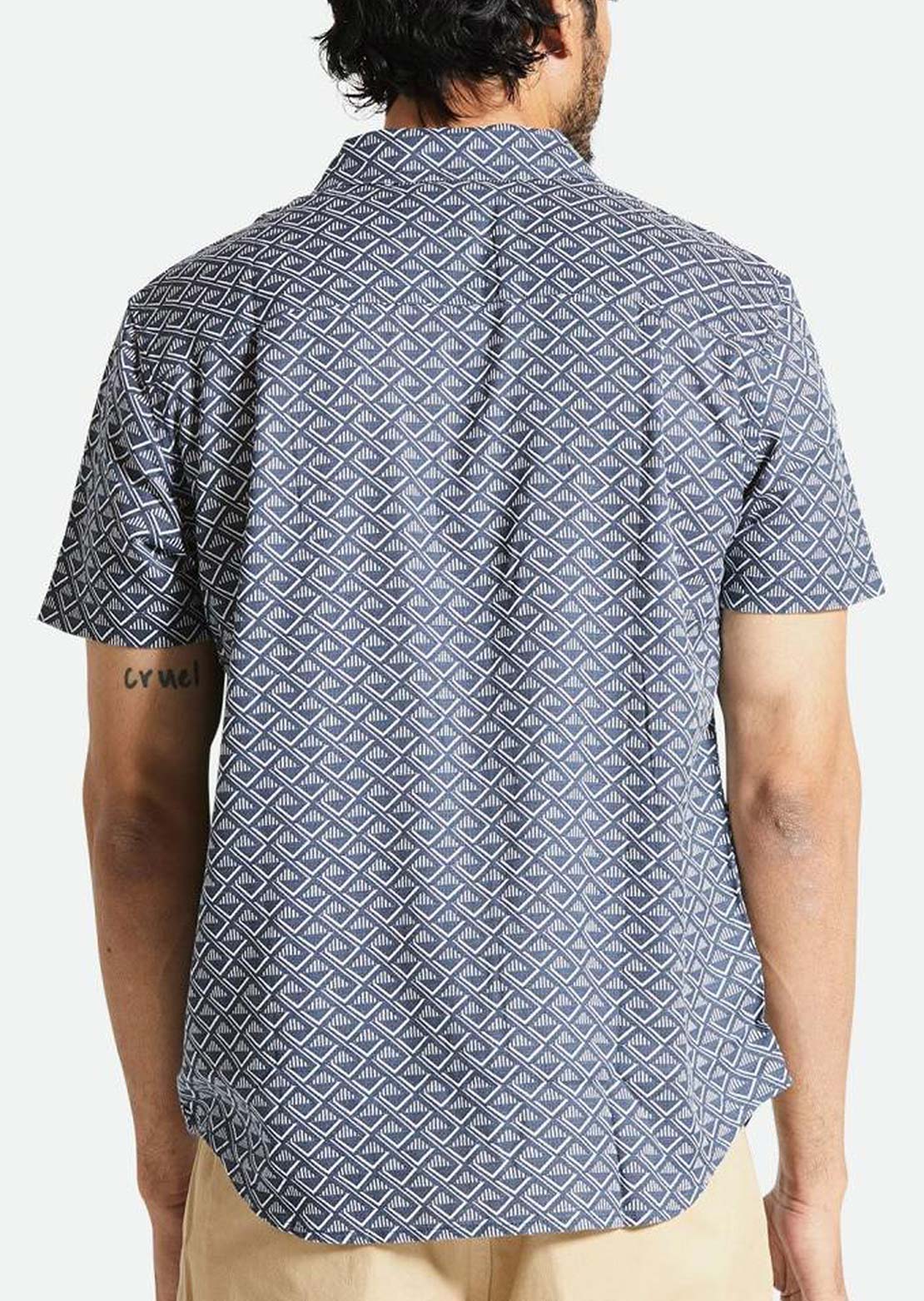 Brixton Men&#39;s Charter Print Short Sleeve Woven Button Up Shirt Washed Navy/White Tile
