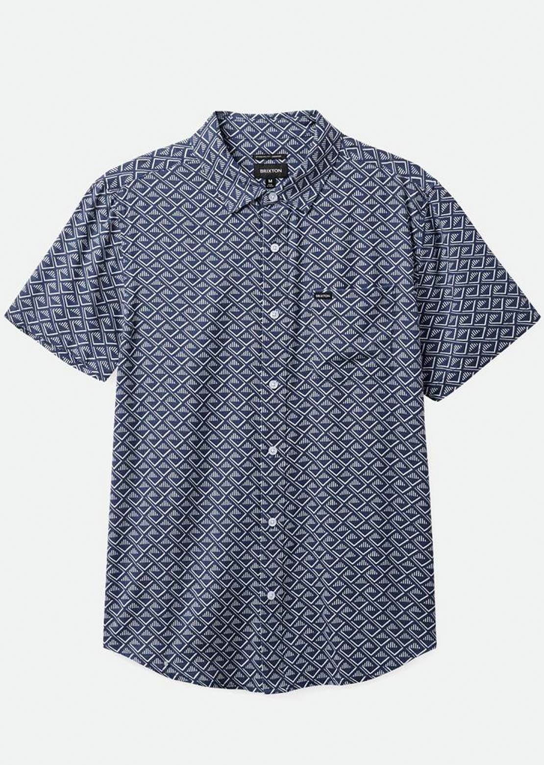 Brixton Men&#39;s Charter Print Short Sleeve Woven Button Up Shirt Washed Navy/White Tile