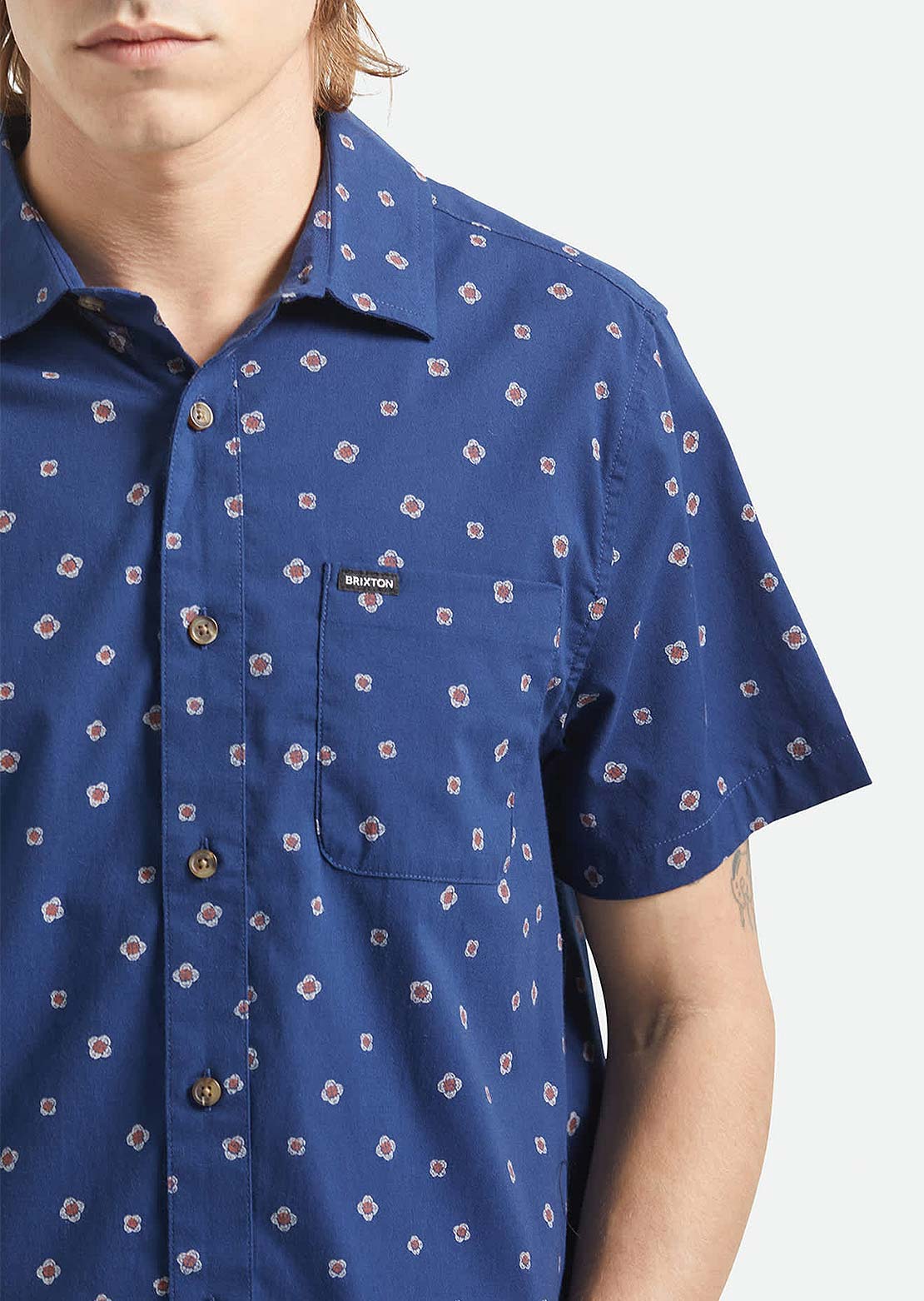 Brixton Men's Charter Print Woven Button Up Shirt Midnight Blue Geo