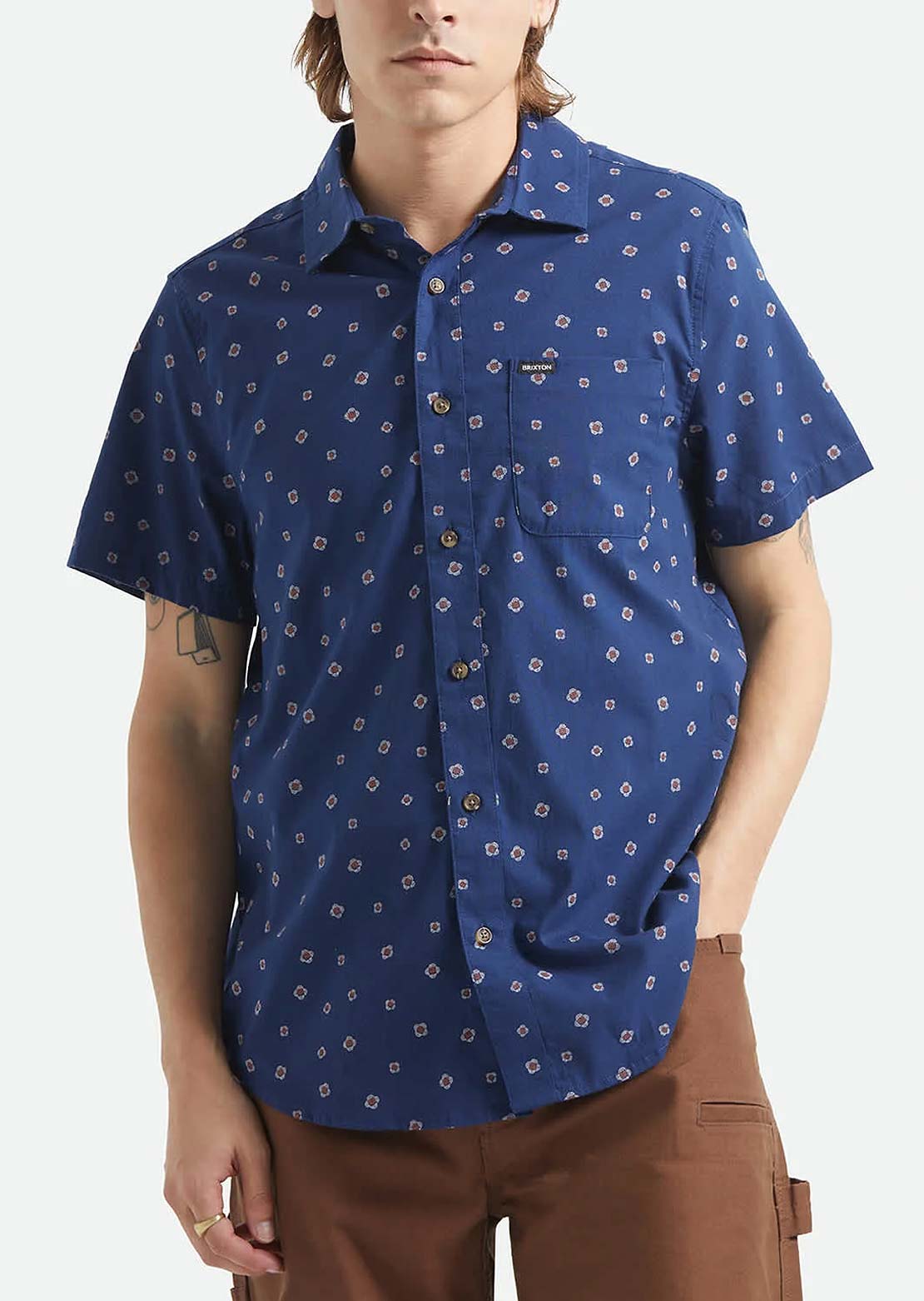 Brixton Men's Charter Print Woven Button Up Shirt Midnight Blue Geo