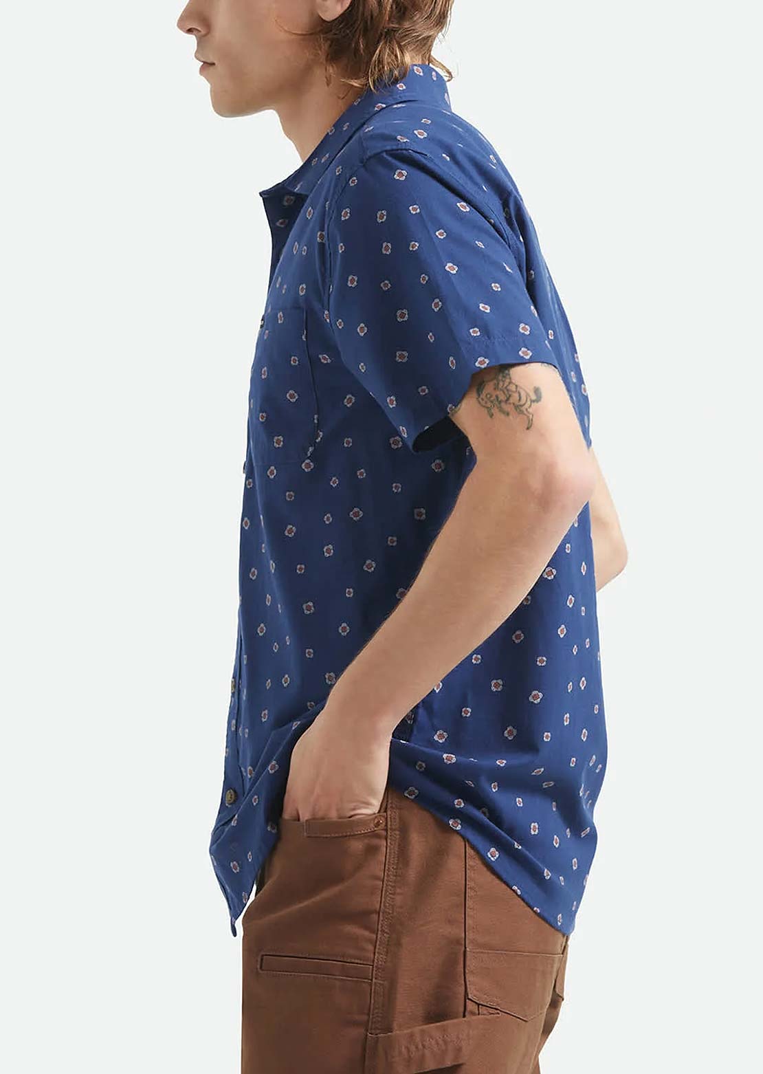 Brixton Men's Charter Print Woven Button Up Shirt Midnight Blue Geo