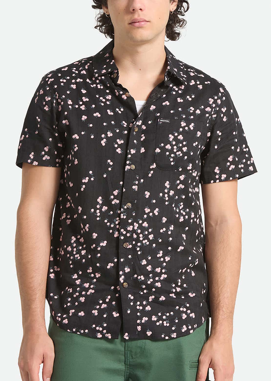 Brixton Men's Charter Slub Woven Button Up Shirt Black/Pink
