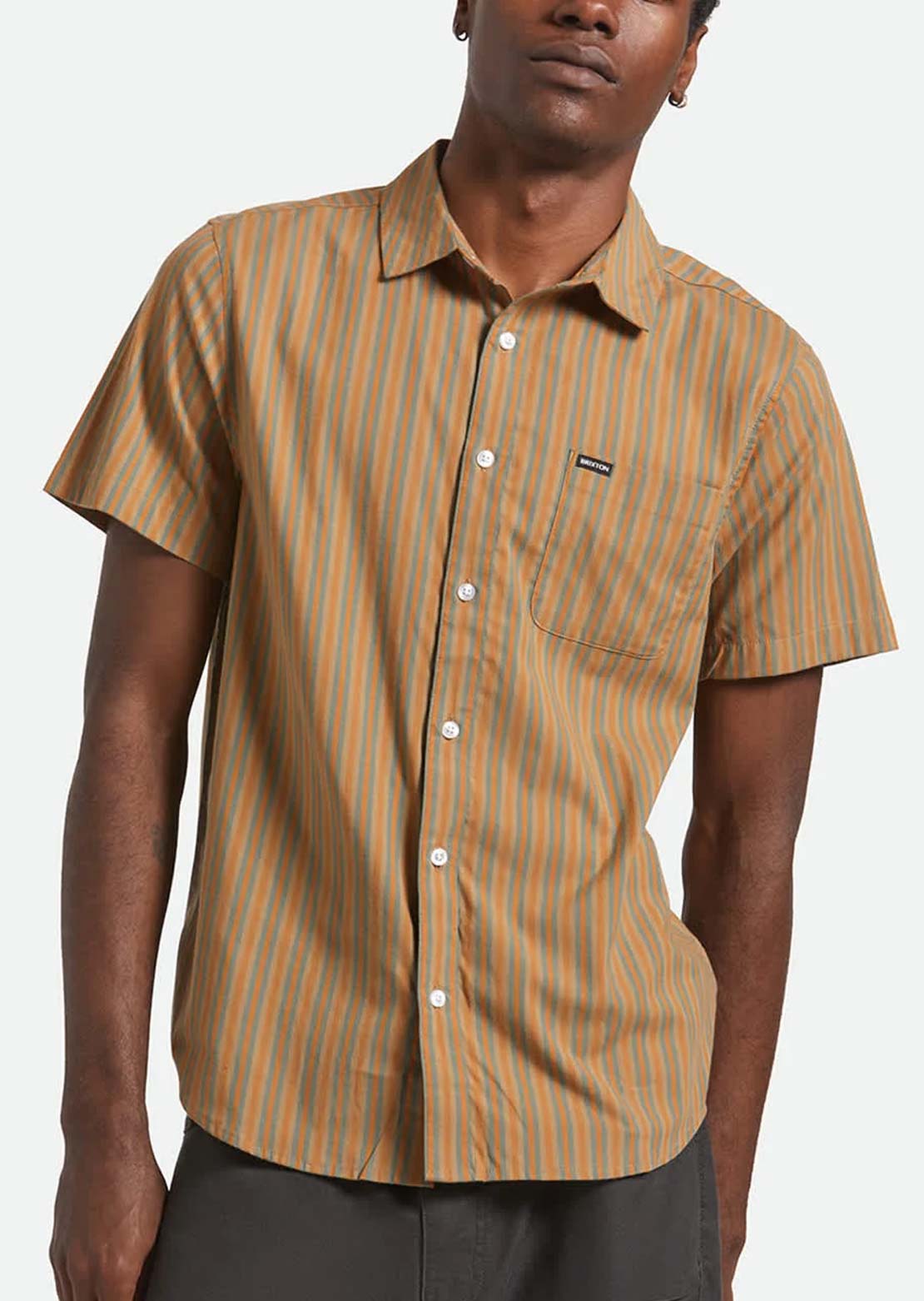 Brixton Men's Charter Stripe Woven Button Up Shirt Rustic Caramel/Night Sage