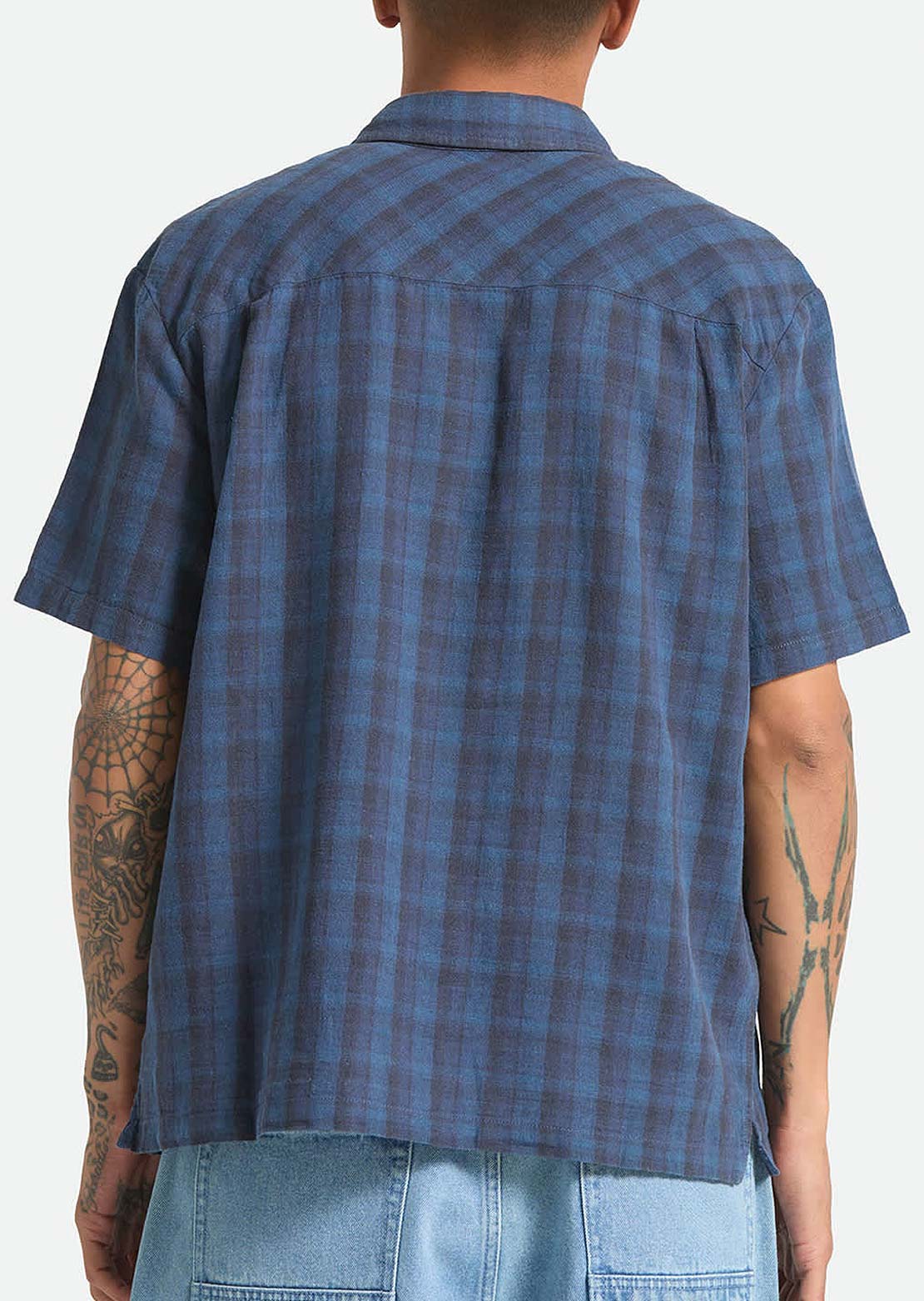 Brixton Men's Cru Linen Blend Plaid Woven Button Up Shirt