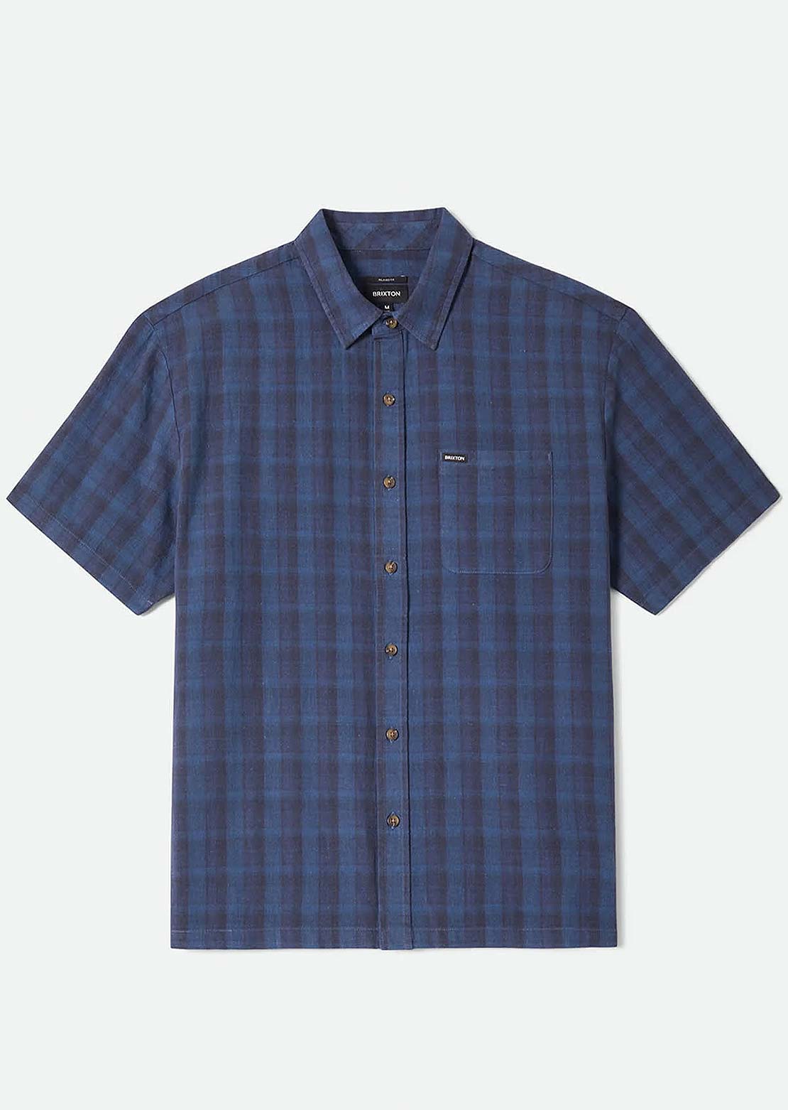Brixton Men's Cru Linen Blend Plaid Woven Button Up Shirt Dark Blue/Black Plaid