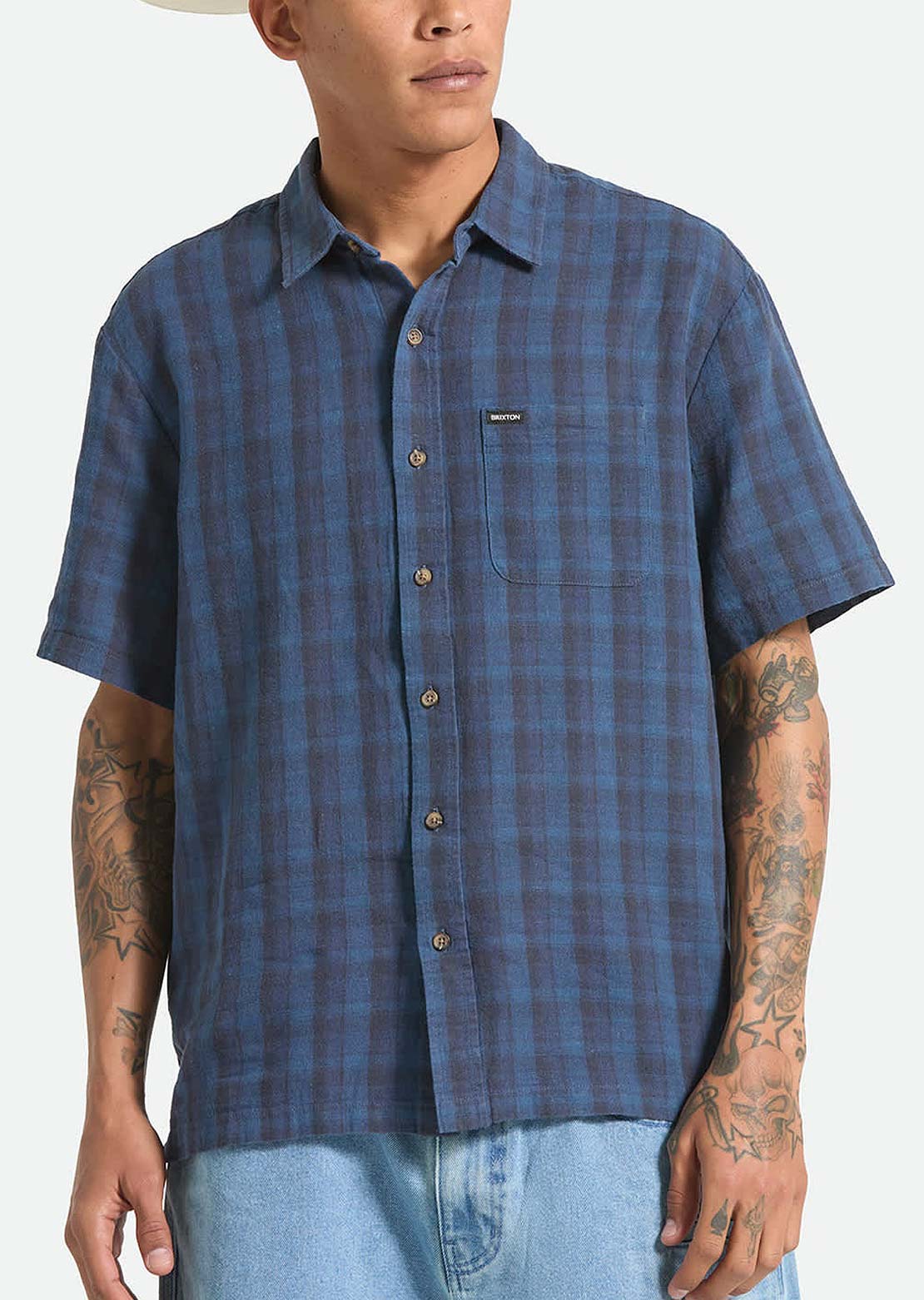 Brixton Men's Cru Linen Blend Plaid Woven Button Up Shirt Dark Blue/Black Plaid