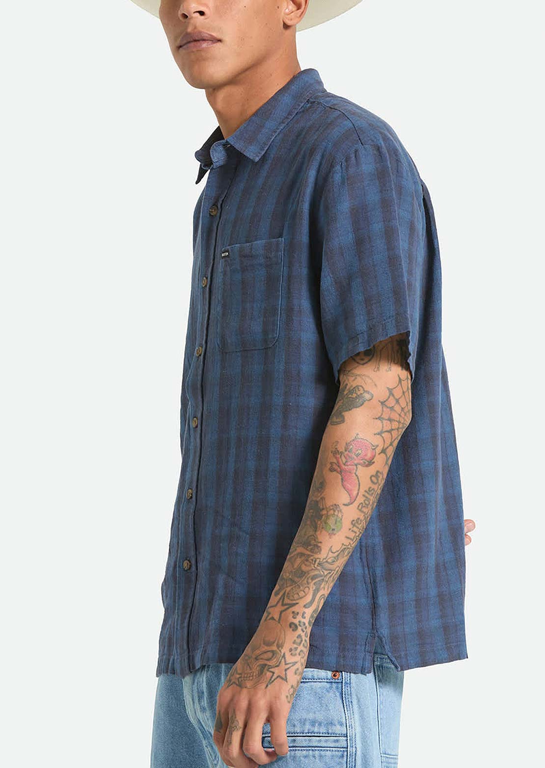 Brixton Men's Cru Linen Blend Plaid Woven Button Up Shirt