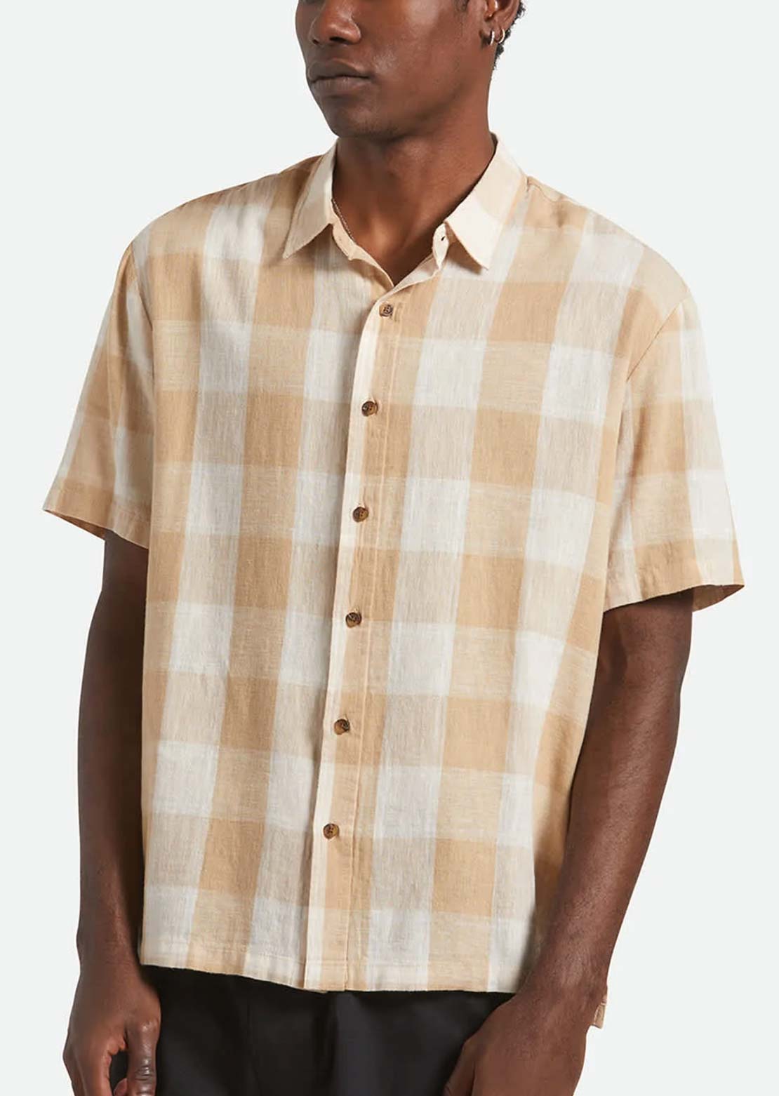 Brixton Men's Cru Linen Blend Woven Button Up Shirt Off White/Sand