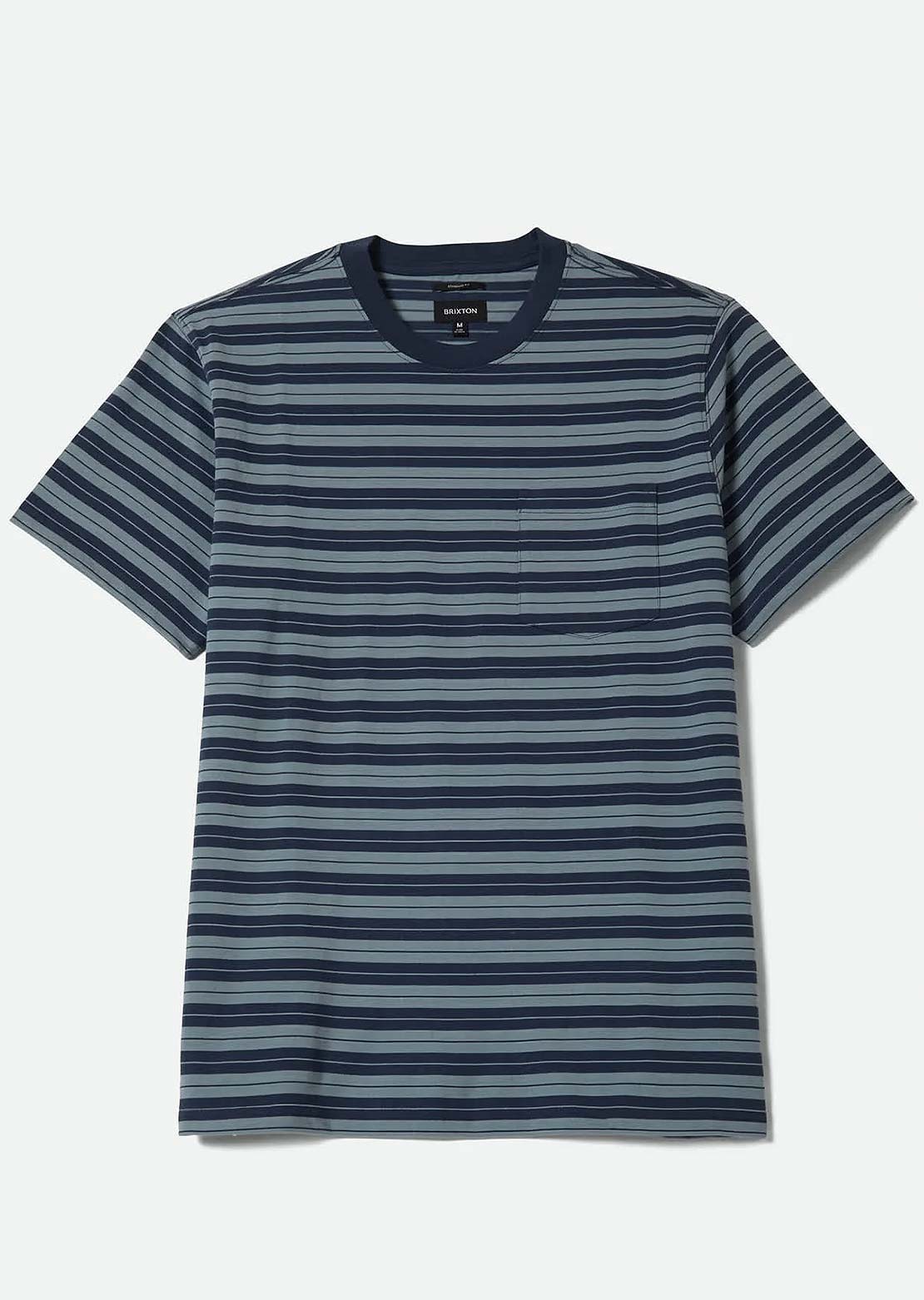 Brixton Men's Nova Stripe Pocket T-Shirt Midninght Blue/Future Grey Worn