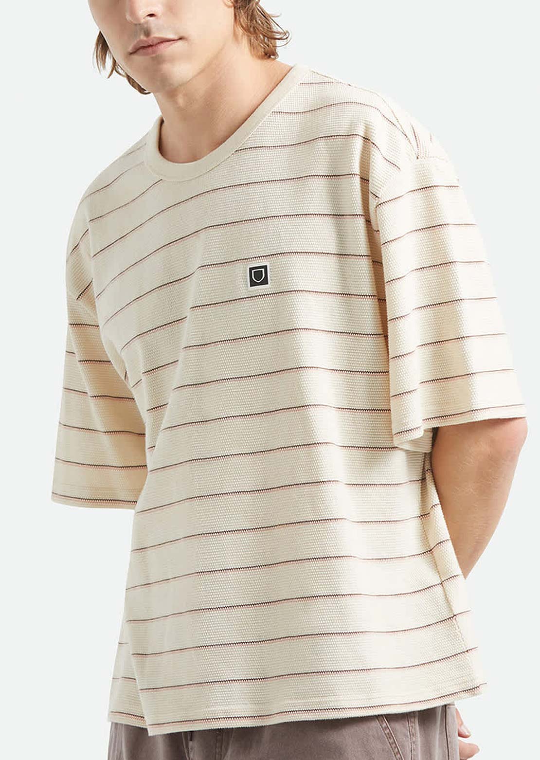 Brixton Men's Shield Pique Boxy Knit T-Shirt Whitecap/Sea Foam/Pinecone Brown