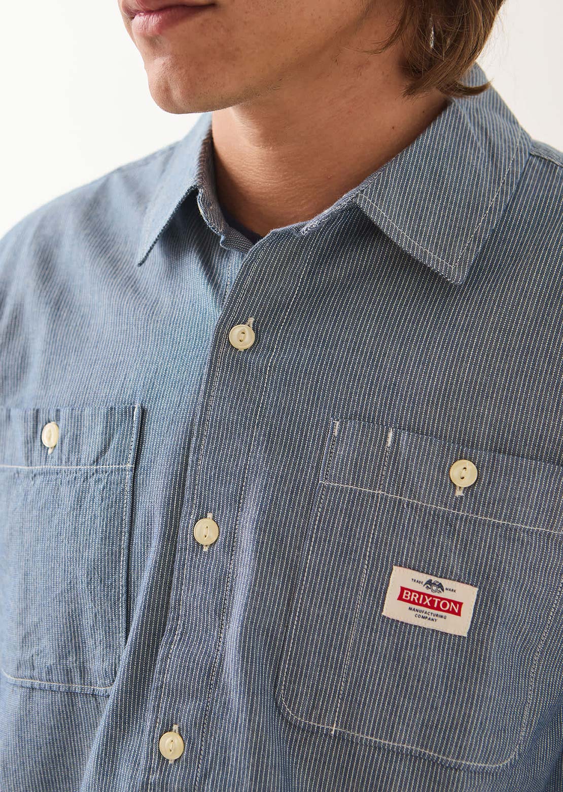 Brixton Men's Trademark Long Sleeve Woven Button Up Shirt Blue Chambray Micro Stripe