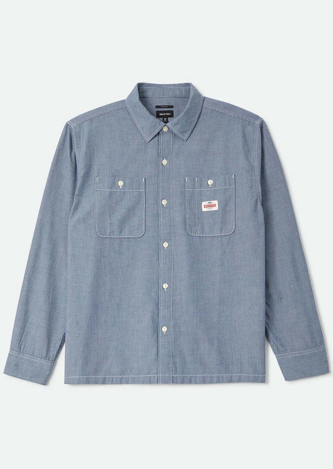 Brixton Men's Trademark Long Sleeve Woven Button Up Shirt Blue Chambray Micro Stripe