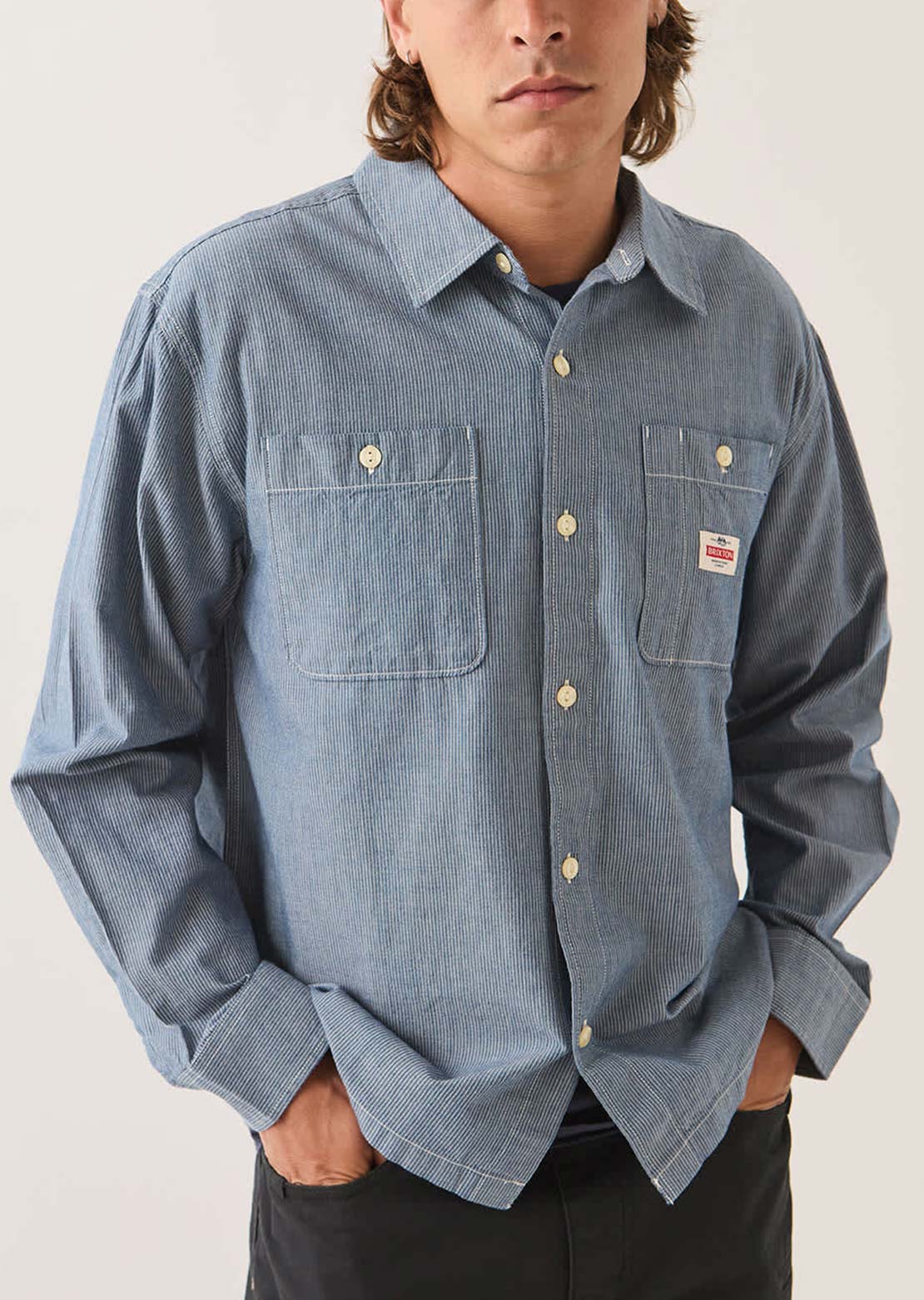 Brixton Men's Trademark Long Sleeve Woven Button Up Shirt Blue Chambray Micro Stripe