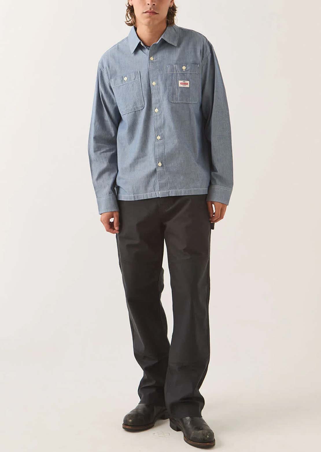 Brixton Men's Trademark Long Sleeve Woven Button Up Shirt Blue Chambray Micro Stripe