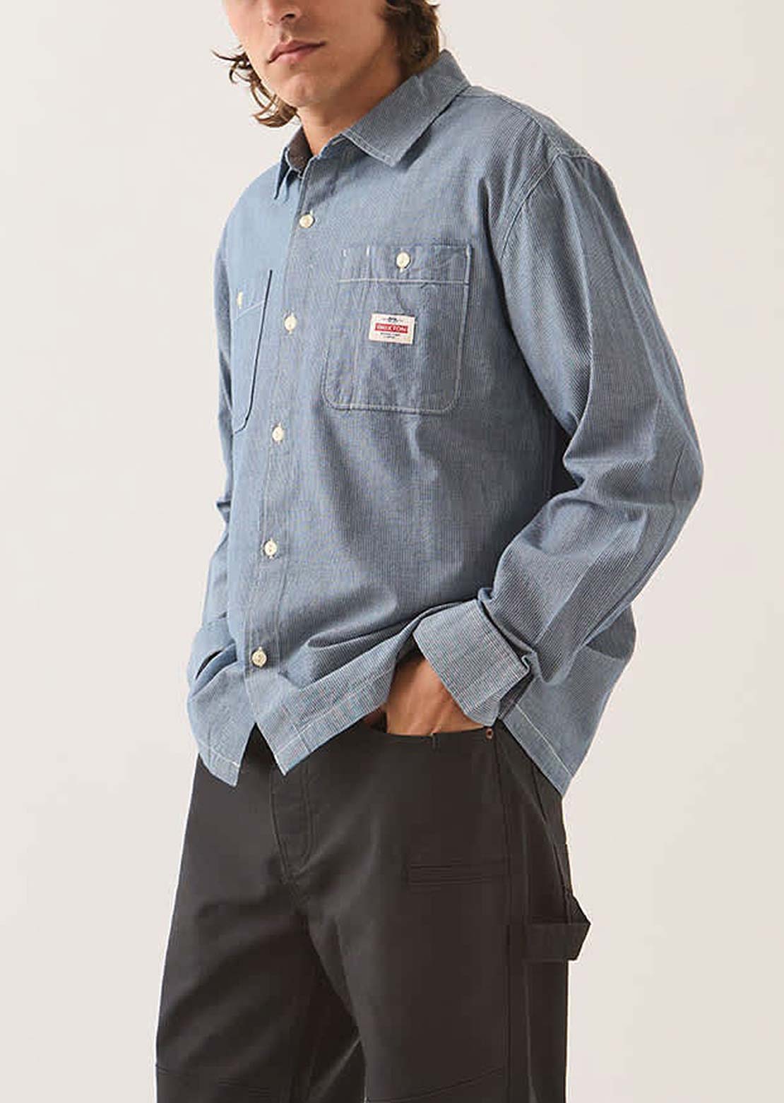 Brixton Men's Trademark Long Sleeve Woven Button Up Shirt Blue Chambray Micro Stripe