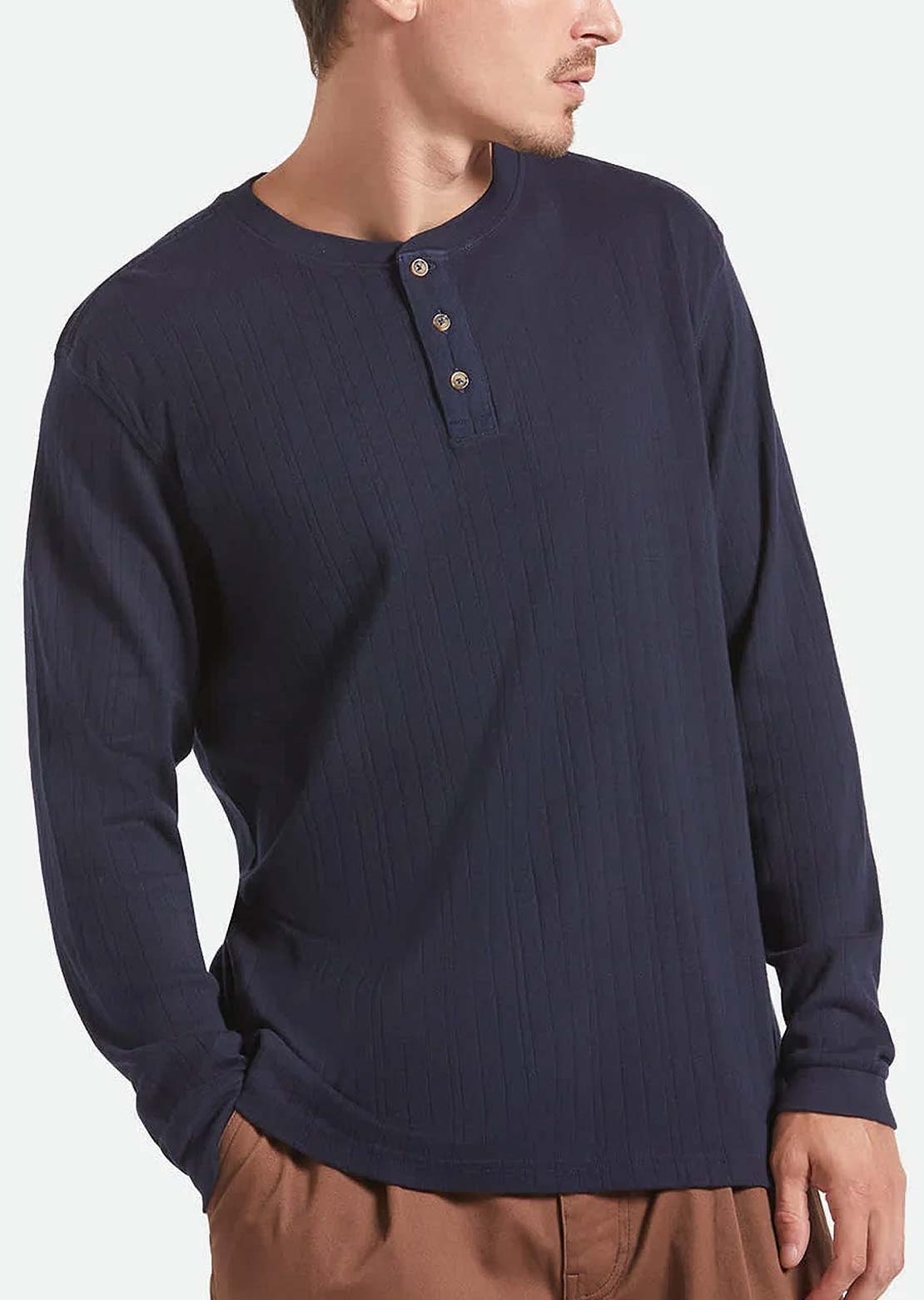 Brixton Men's Vintage Ribbed Henley Long Sleeve Washed Navy