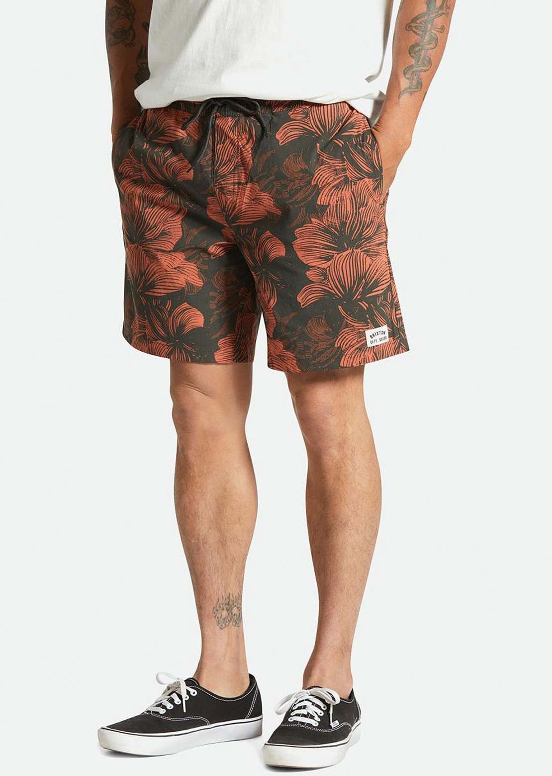 Brixton Men's Voyage 18" Shorts Washed Black/Terracotta Floral