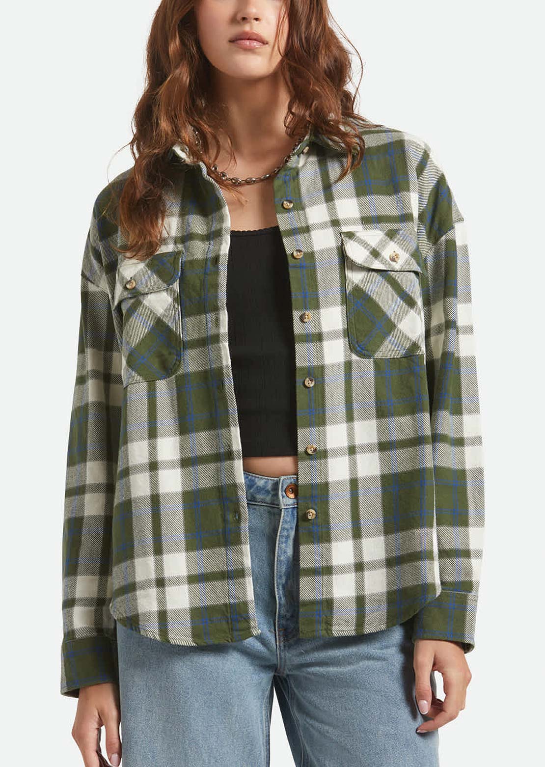 Brixton Women's Bowery Vintage Long Sleeve Button Up Shirt Green/Blue