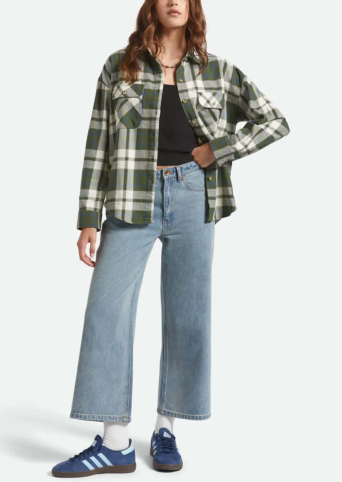 Brixton Women's Bowery Vintage Long Sleeve Button Up Shirt Green/Blue