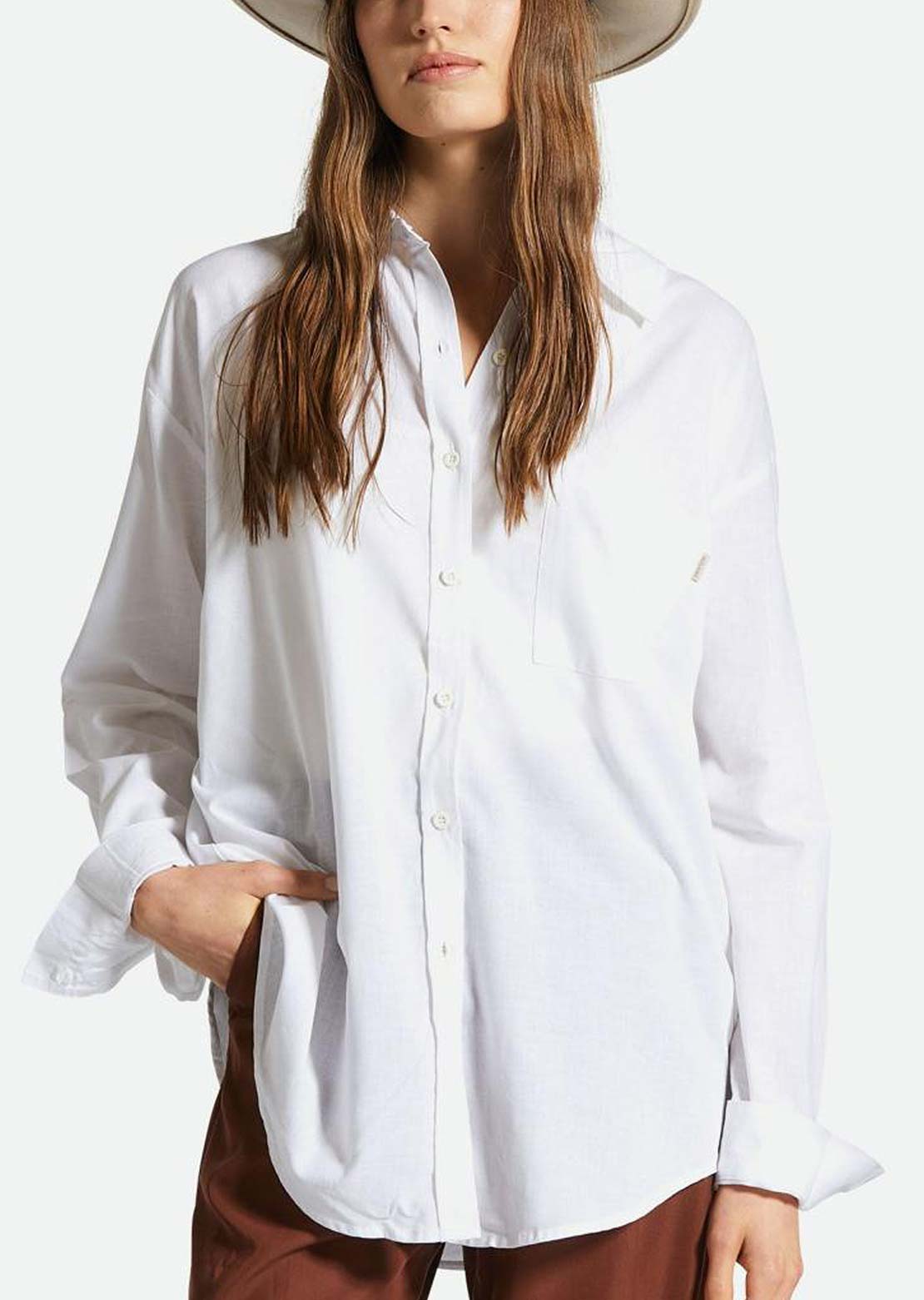 Brixton Women&#39;s Sidney Oversized Woven Longsleeve Shirt White Solid