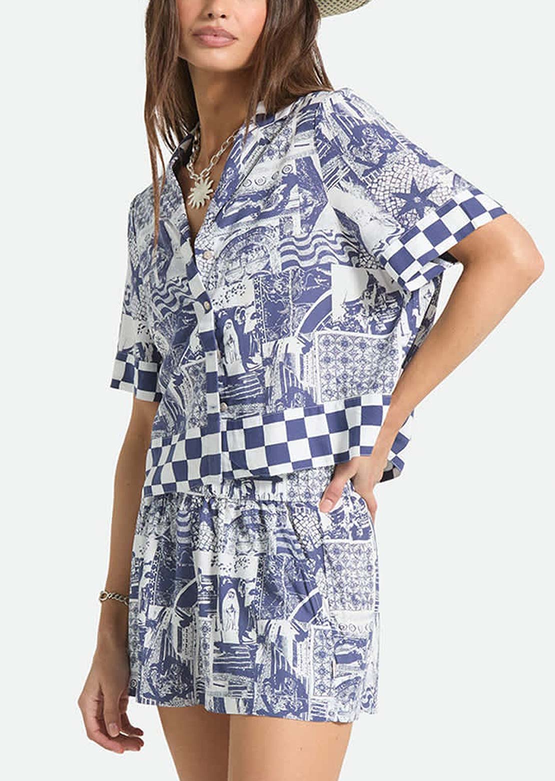 Brixton Women's The O Mar Button Up Shirt Navy/White Collage
