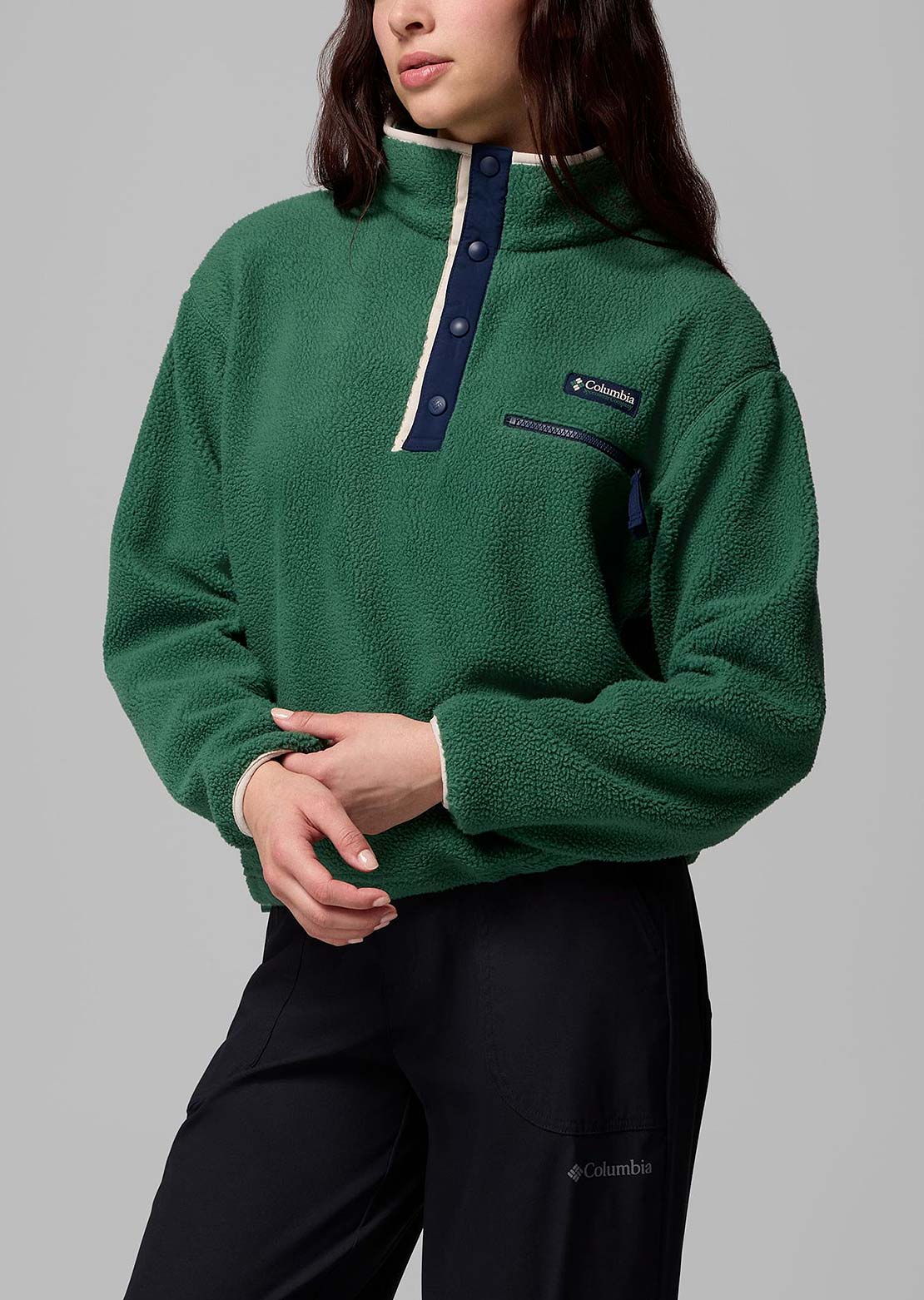 Columbia Women's Helvetia II Cropped Half-Snap Fleece Rain Forest/Collegiate Navy/Dark Stone