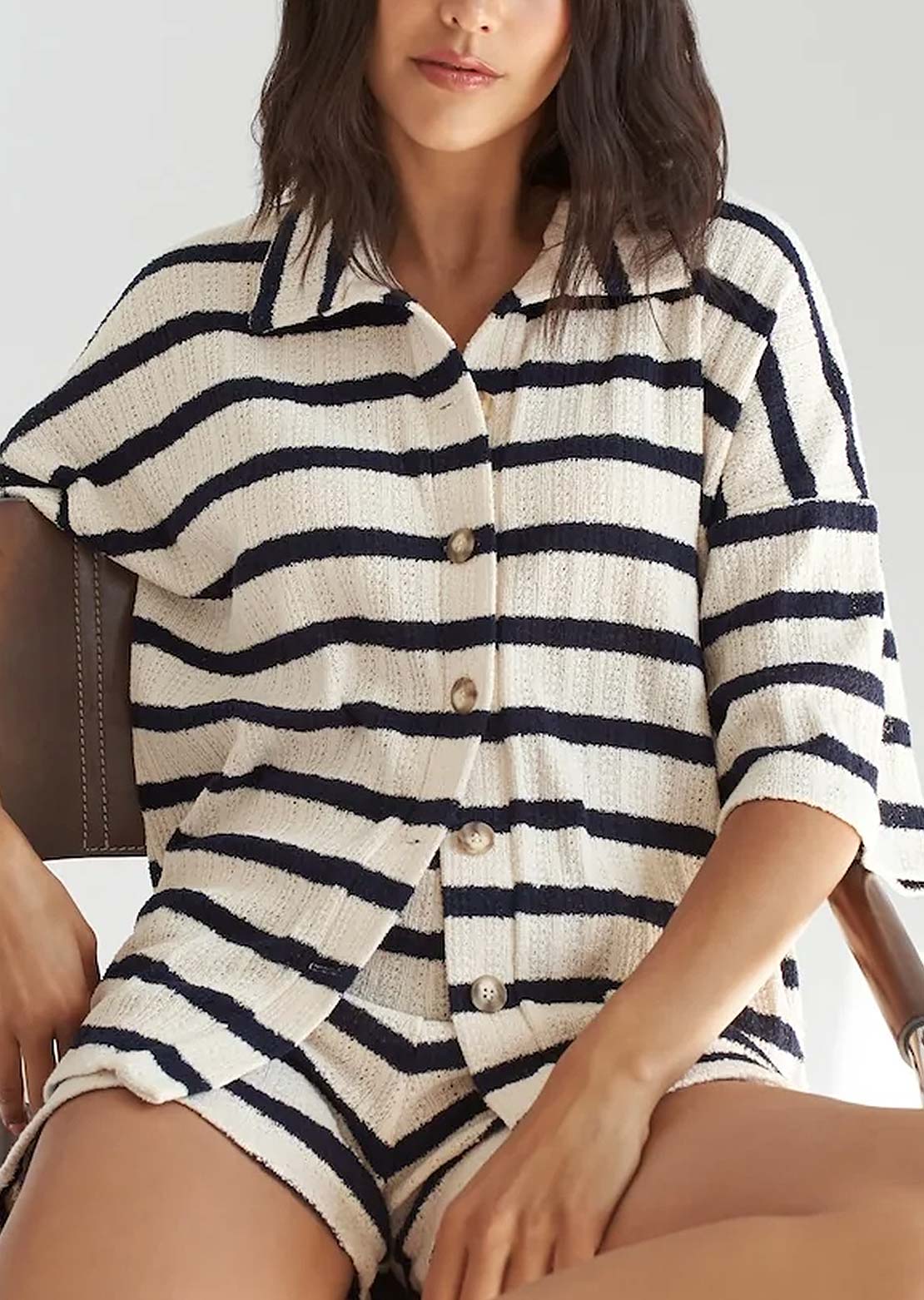Daily Story Women's Myla Button Up Shirt Navy Stripe