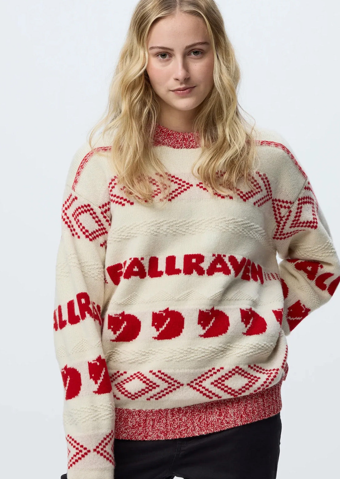 Fjallraven Women's Ovik Jacquard Knit Sweater Chalk White/True Red